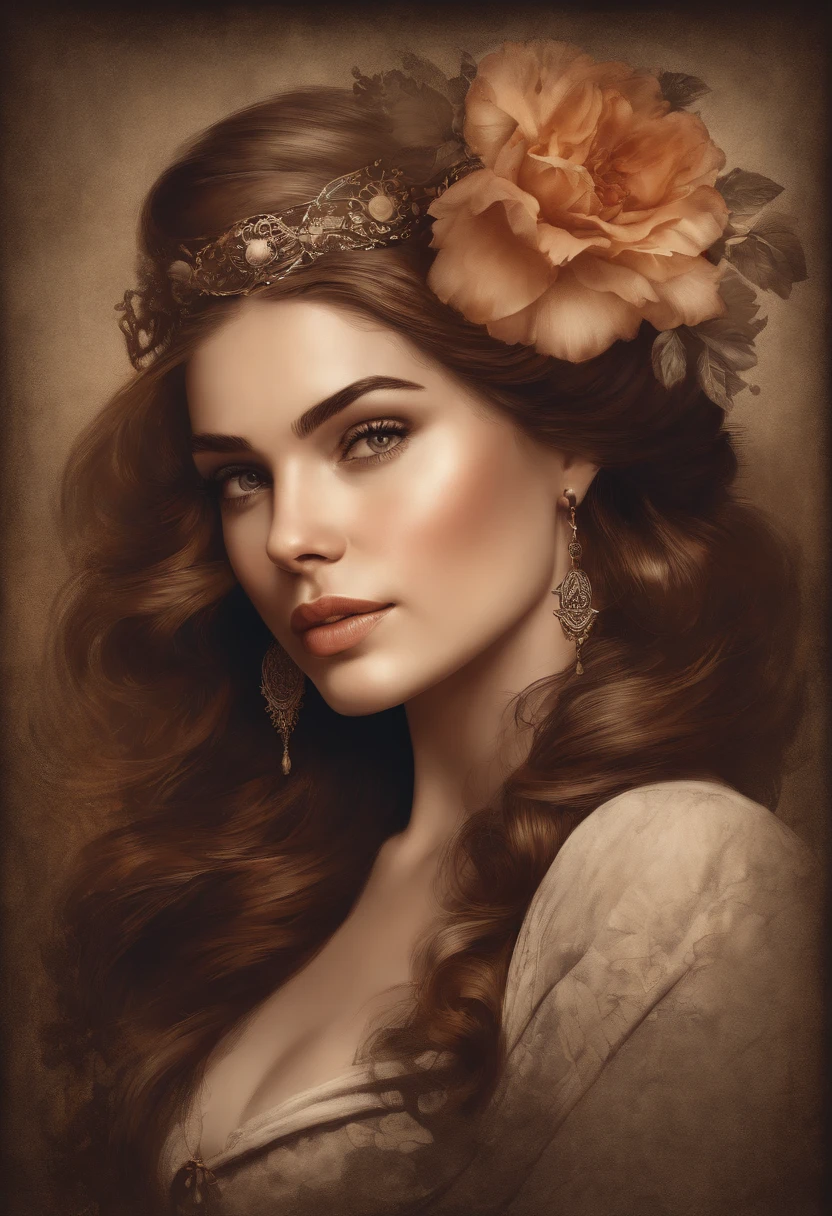 Charlie Bowater's realistic lithography sketch portrait of a woman, flowers, [gears], pipes, dieselpunk, multicolored ribbons, texture of antique paper, highly detailed. (best quality, 4k, 8k, highres, masterpiece:1.2), ultra-detailed, (realistic, photorealistic, photo-realistic:1.37), lithography portrait, woman, detailed eyes and lips, beautiful face, vintage fashion, elegant pose, vibrant flowers, intricate gears, steampunk-inspired pipes, aged paper texture, highly detailed linework and shading, rich contrast, atmospheric lighting, subdued color palette.