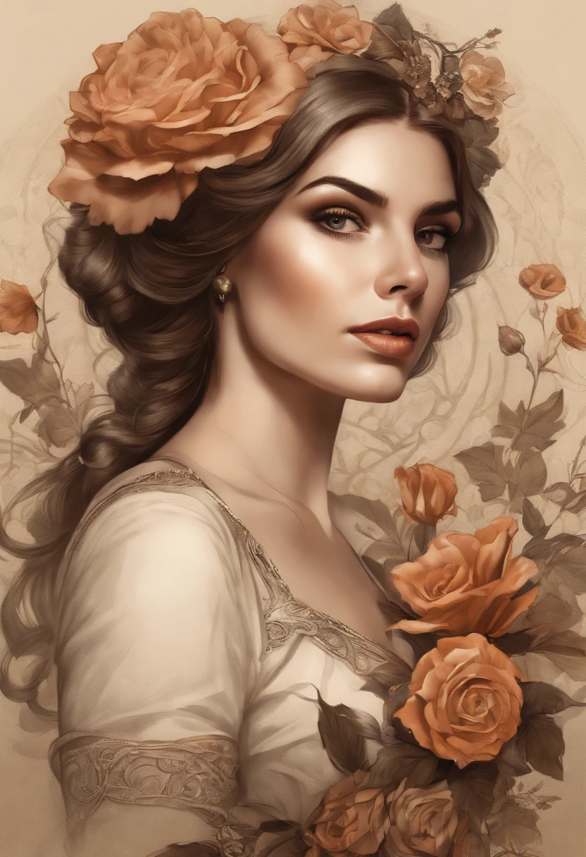 Charlie Bowater's realistic lithography sketch portrait of a woman, flowers, [gears], pipes, dieselpunk, multicolored ribbons, texture of antique paper, highly detailed. (best quality, 4k, 8k, highres, masterpiece:1.2), ultra-detailed, (realistic, photorealistic, photo-realistic:1.37), lithography portrait, woman, detailed eyes and lips, beautiful face, vintage fashion, elegant pose, vibrant flowers, intricate gears, steampunk-inspired pipes, aged paper texture, highly detailed linework and shading, rich contrast, atmospheric lighting, subdued color palette.