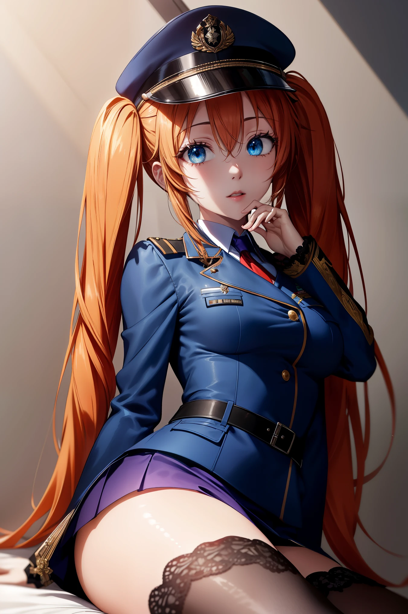 score_8_up, score_7_up, source_anime,medium breasts, purple eyes, shidou irina, orange hair, long hair, twintails, detailed anime eyes ,
BREAK (blue headwear, blue jacket, blue skirt, hat, jacket, military, military hat, military uniform, peaked cap, shirt, skirt, thighhighs:1.2),
BREAK sitting,
BREAK (masterpiece:1.2), best quality, high resolution, unity 8k wallpaper, (illustration:0.8), (beautiful detailed eyes:1.6), extremely detailed face, perfect lighting, extremely detailed CG, (perfect hands, perfect anatomy),perfect face,
