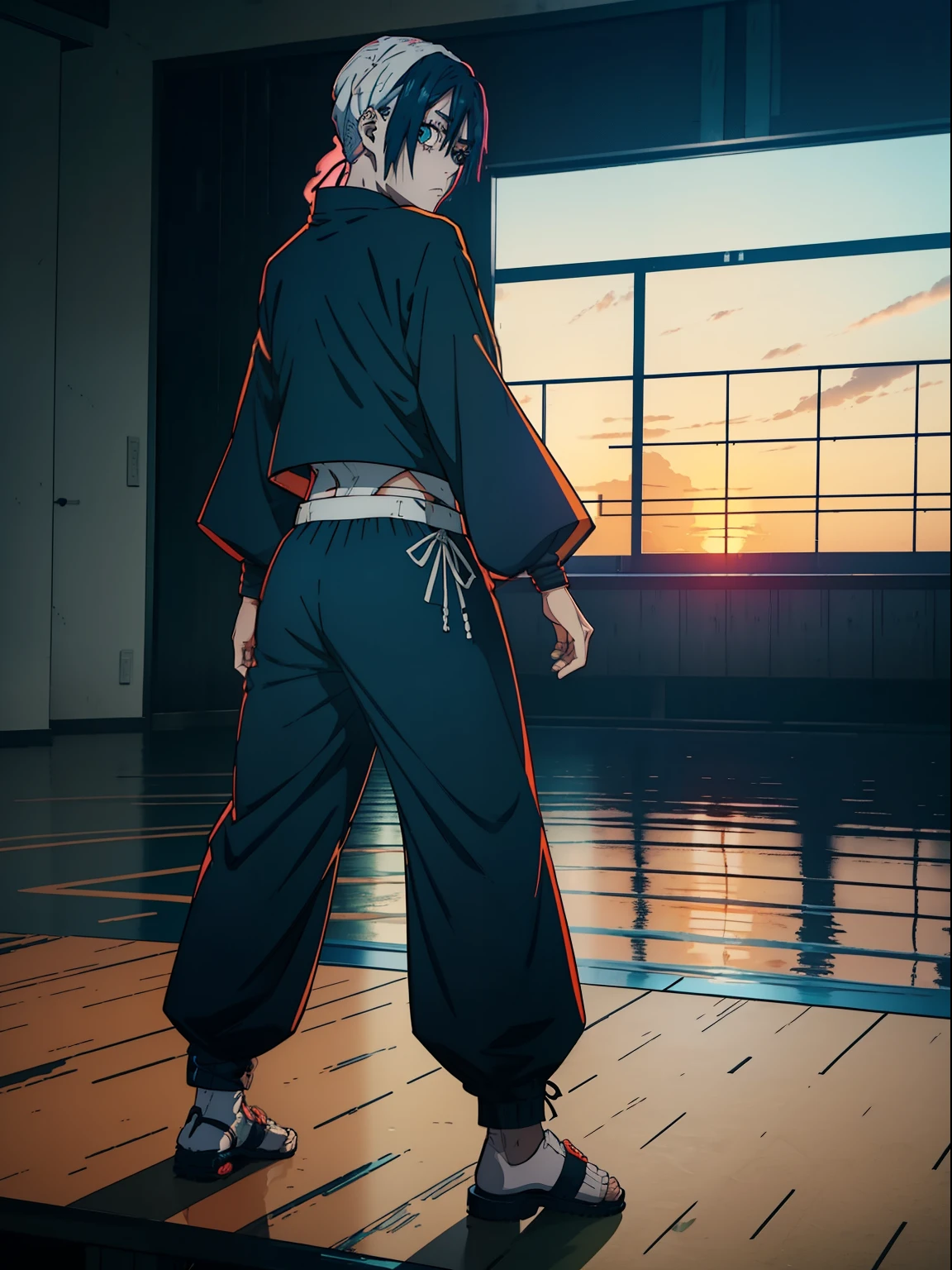 table top、(Riko Tennai(Jujutsu Kaisen)), high quality, girl, Colorful Highlight Hair, big clothes, comfortable clothing, night, sunset, dark room, spoil something by distracting,Are standing,( overflowing from pants:1.5)