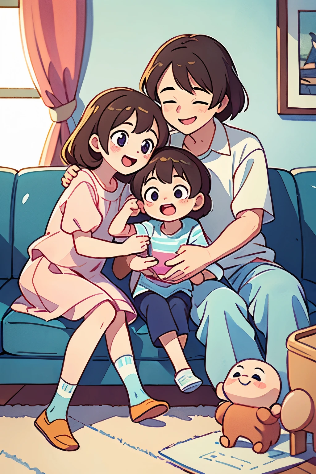 Four parents and children hug each other and laugh on the sofa、Happy、Laughter


"(setting):(best quality),(masterpiece),(detailed),(ultra detailed),(insanely detailed),(ultra-quality),(highly detailed),(FHD)"
[(Pastel color 0.6 SHMILY impression 0.5)]