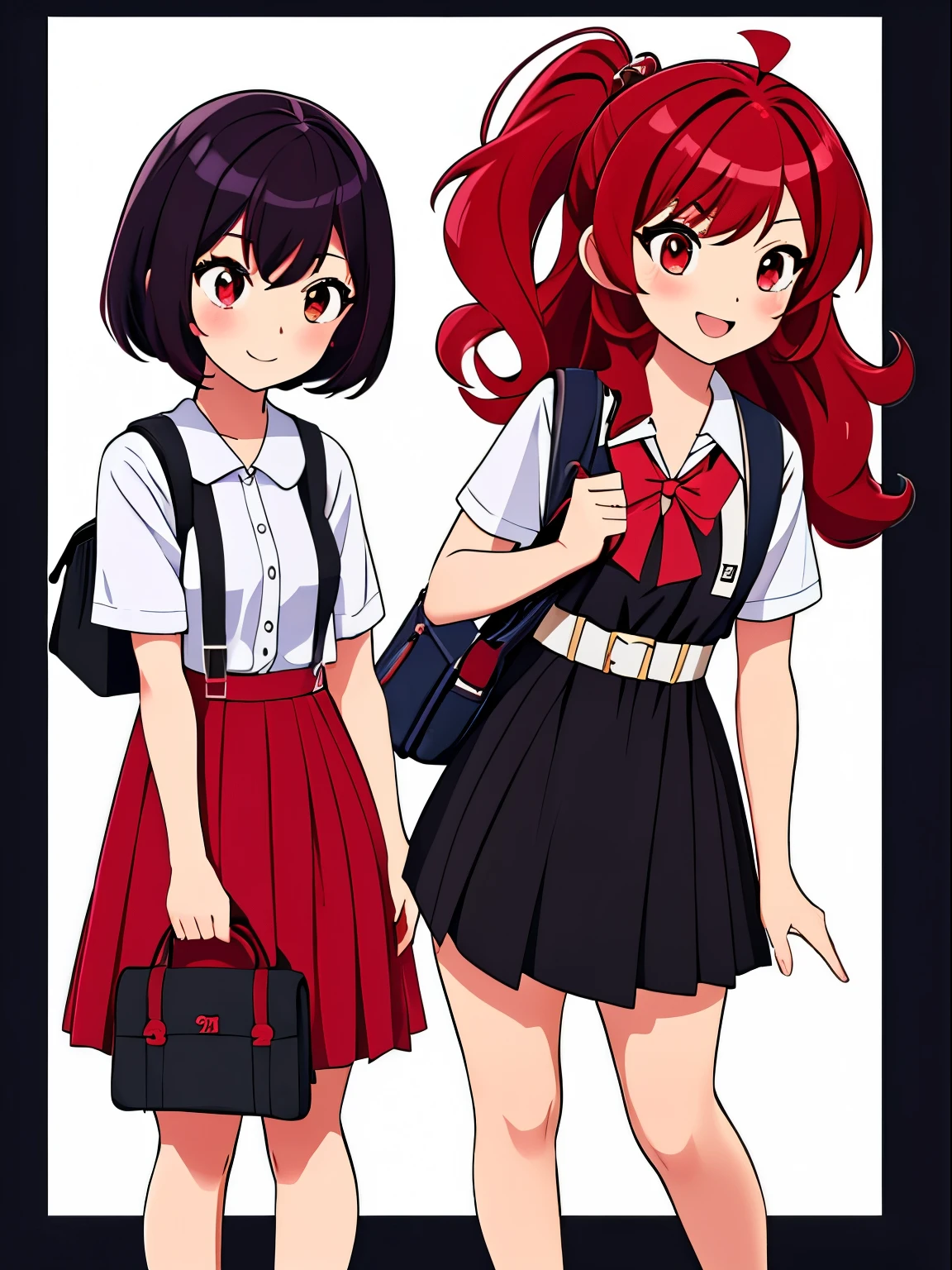 1 girls in side by side 、top-quality、masutepiece、 (black girl with red hair first girl hair down casual outfits dress holding school bag 💁♀️)