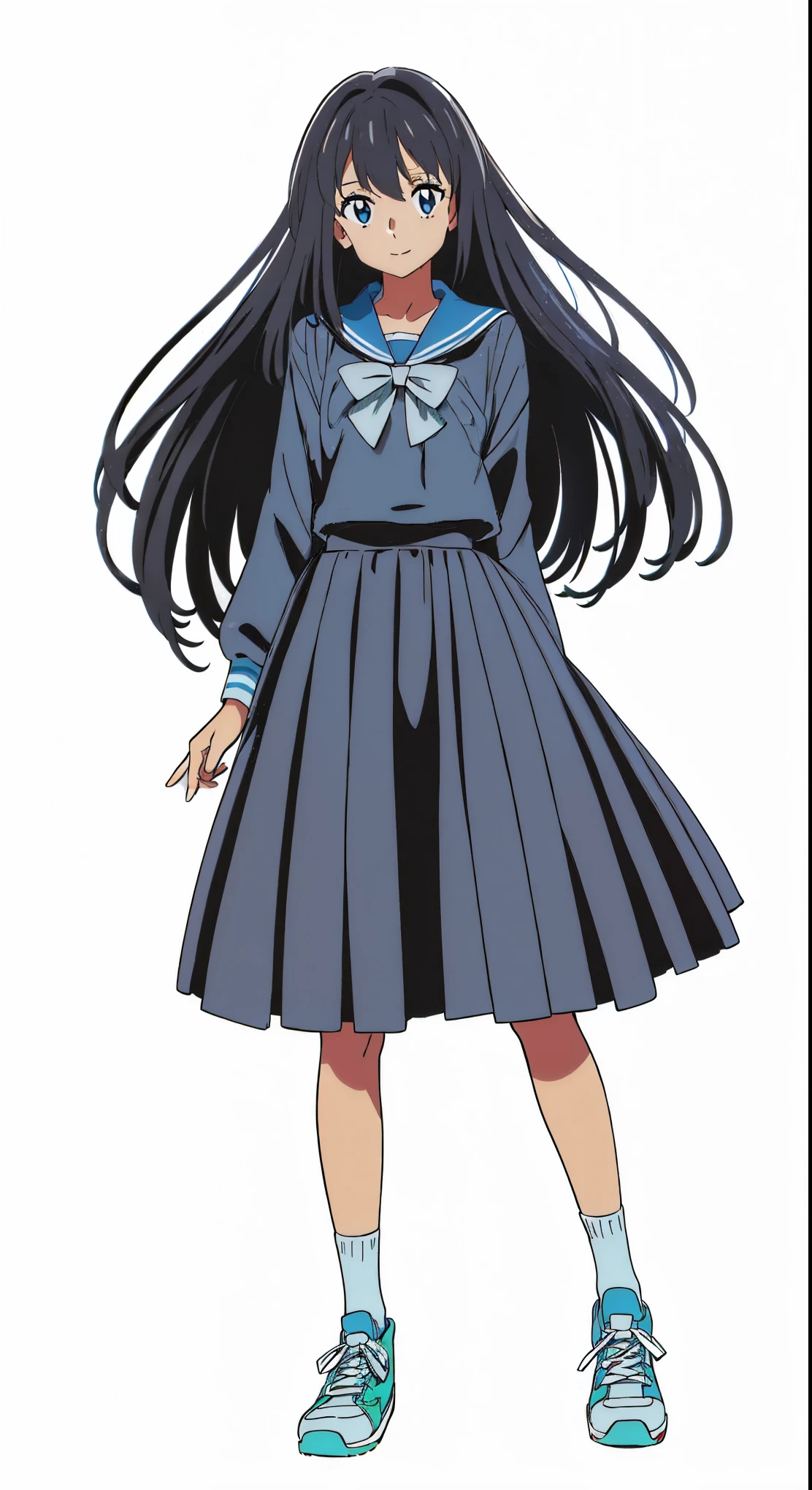 (cheerful:1.5), (light smile:1.5), (white background:1.0), (best quality:1.0), (masterpiece:1.0), (super fine illustration:1.0), (beautiful artwork:1.0), (anime screencap:1.0), (official art:1.0), (solo:1.0), (JHSGA:1.0), (a 15yo cute girl:1.0), (long skirt:1.0), (dark blue skirt:1.0), (pleated skirt:1.0), (dark blue sailor uniform:1.0), (long sleeve sailor uniform:1.0), (sneakers:1.0), (white socks:1.0), (ideal ratio body proportions:1.0), (lanky:1.0), (tall:1.0), (slender:1.0), (small breasts:1.0), (smaller face:1.0), (tareme:1.0), (detailed beautiful eyes:1.0), (detailed beautiful face:1.0), (glowing black eyes:1.0), (medium hair:1.0), (black hair:1.0)
