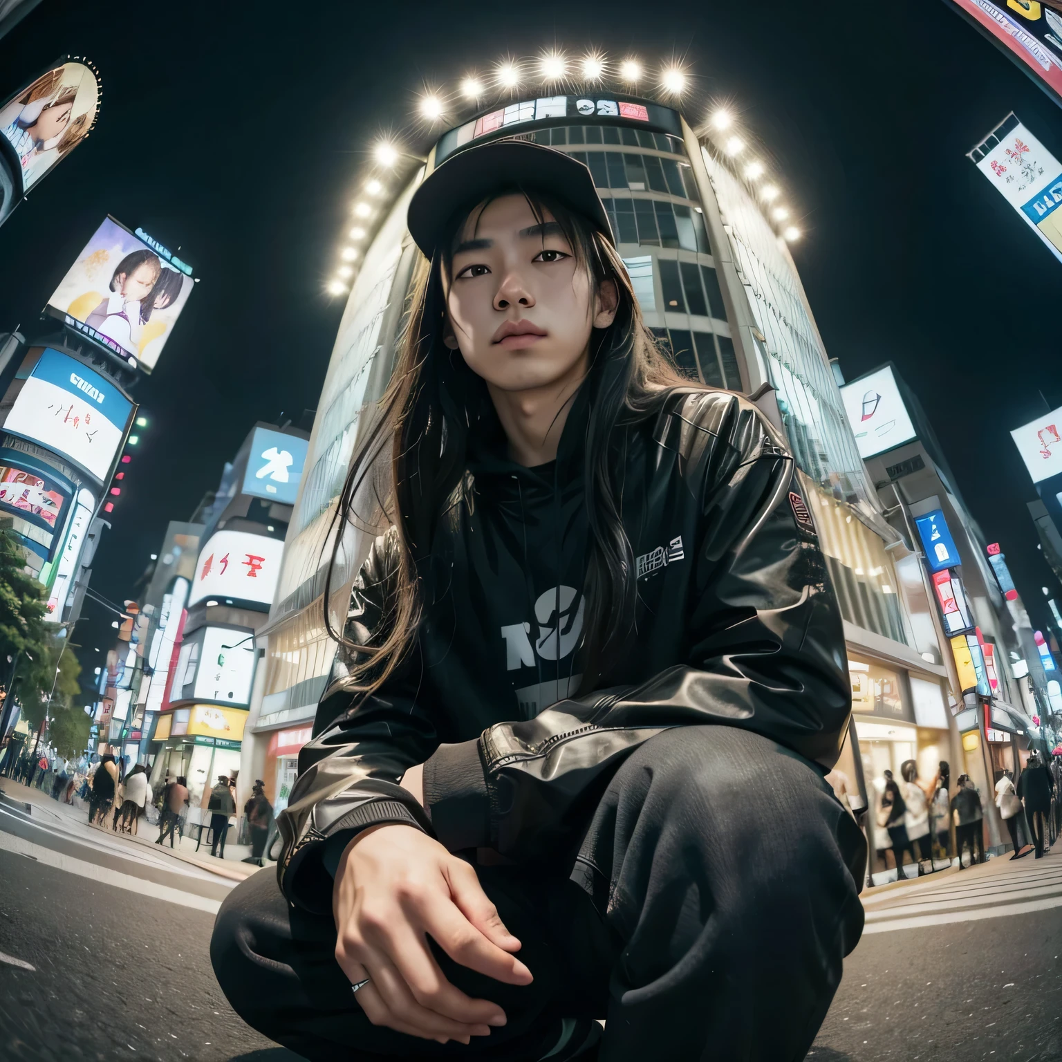 asian man sitting on the ground in front of a building, wideangle portrait, wide angle dynamic portrait, anime style mixed with fujifilm, wide - angle portrait, fisheye portrait, sitting in tokyo, japanese streetwear, in the streets of tokyo, portrait of a japanese teen, wearing japanese techwear, wide angle + masterpiece, shibuya shibuya looks like jungkook with a beautiful long hair