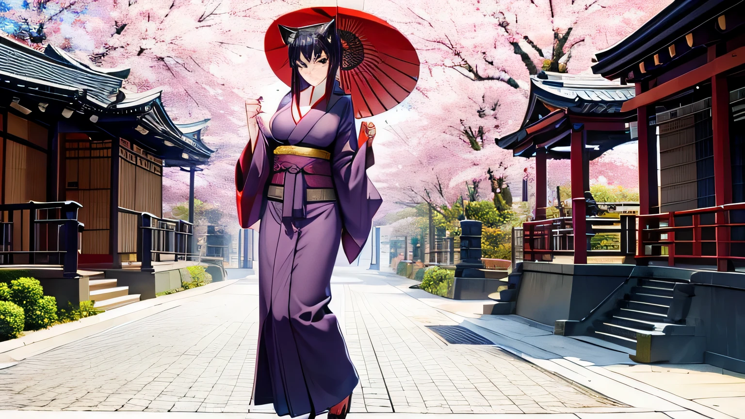 1 girl、alone , greenish black hair、ponytail、big cleavage、fox ears、red eyes、wear glasses、Dark purple kimono、red webbed、light purple long hakama、Cherry blossom pattern haori、Headphones around the neck、Cherry blossom pattern Japanese umbrella、sexy、charm、Wet、face turns red、far shot , full body 、within the territory