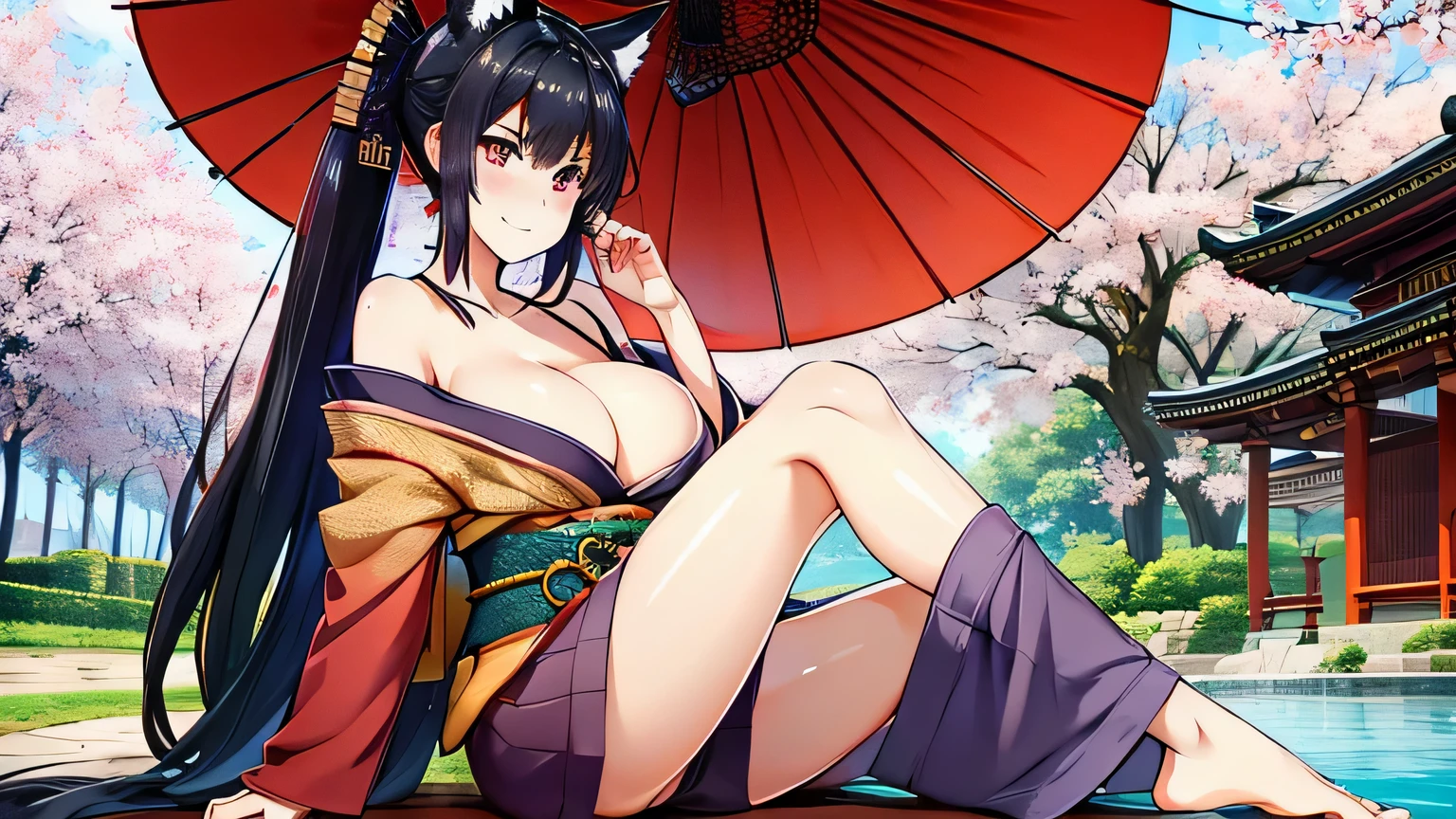 1 girl、alone , greenish black hair、ponytail、big cleavage、fox ears、red eyes、wear glasses、Dark purple kimono、red webbed、light purple long hakama、Cherry blossom pattern haori、Headphones around the neck、Cherry blossom pattern Japanese umbrella、sexy、charm、Wet、face turns red、far shot , full body 、within the territory