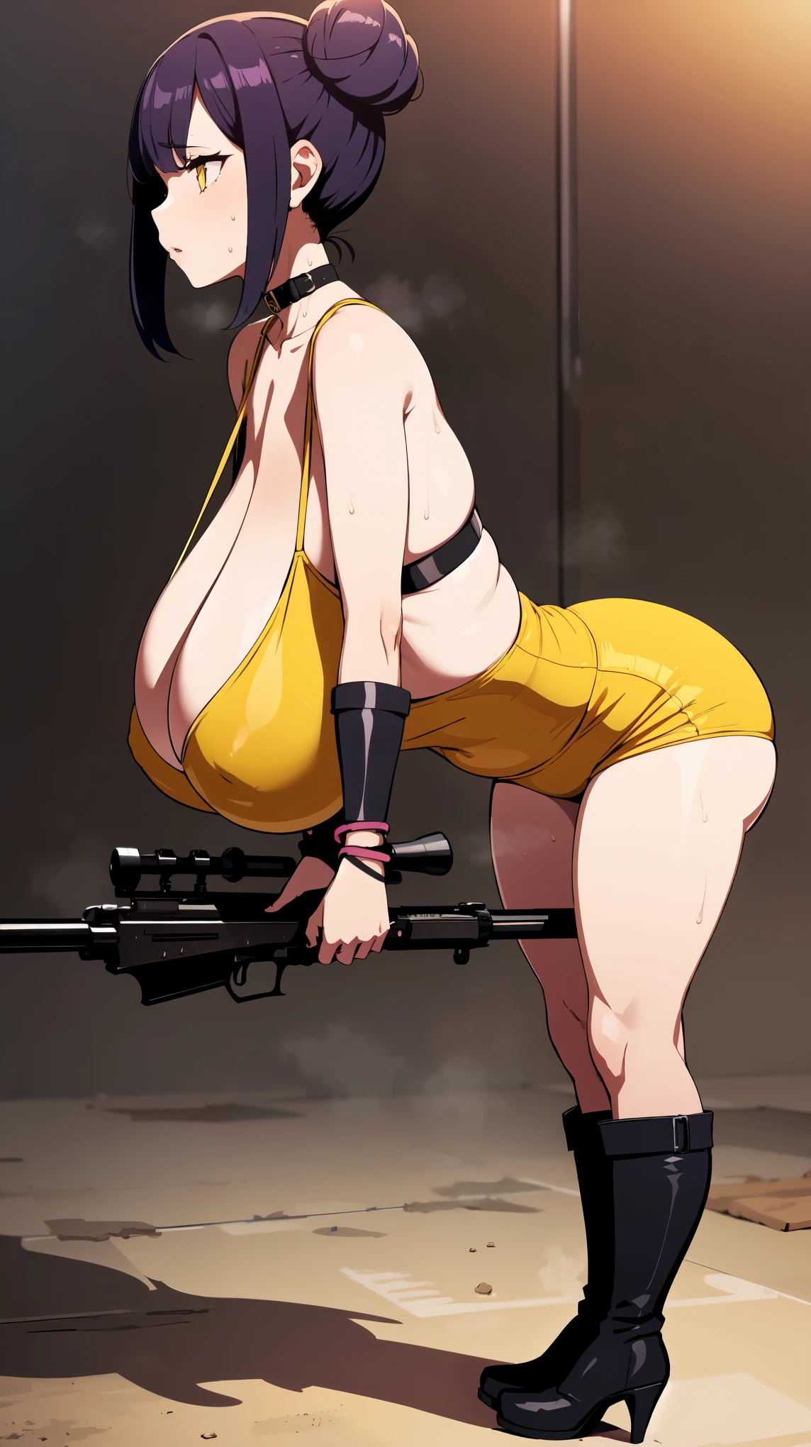 Slime girl, (slime), Slime hair Double buns hair style, Pumpkin Orange, weapon belt, Masterpiece, Best Quality, gigantic breasts, slime girl, slime girl, purple hair, lavender hair, yellow clothes, weapon belt around waistline, rifle, long rifle, AR-15 Rifle, assault rifle, exposed yellow bra, yellow clothing, wearing yellow clothing, fully body view, tight yellow dress, Rifle in hand, mature woman, gorgeous, perverted, sexy, yellow dress, exposed chest, exposed bra, exposed breast, black boots/heels, gold bracelets around wrist, holding rifle, aiming with rifle, tactical stance, tactical gear, sweaty body, long legs, tall woman, lustful yellow eyes, yellow lingerie , Slime girl, (slime), Slime hair Double buns hair style, Pumpkin Orange, weapon belt, Masterpiece, Best Quality, gigantic breasts, slime girl, slime girl, purple hair, lavender hair, yellow clothes, weapon belt around waistline, rifle, long rifle, AR-15 Rifle, assault rifle, exposed yellow bra, yellow clothing, wearing yellow clothing, fully body view, tight yellow dress, Rifle in hand, mature woman, gorgeous, perverted, sexy, yellow dress, exposed chest, exposed bra, exposed breast, black boots/heels, gold bracelets around wrist, holding rifle, aiming with rifle, tactical stance, tactical gear, sweaty body, long legs, tall woman, lustful yellow eyes, yellow lingerie, mature body, mature face, dark purple hair color, purple hair, bending down, bent over, crouching , sagging breasts, ginormous plump breast