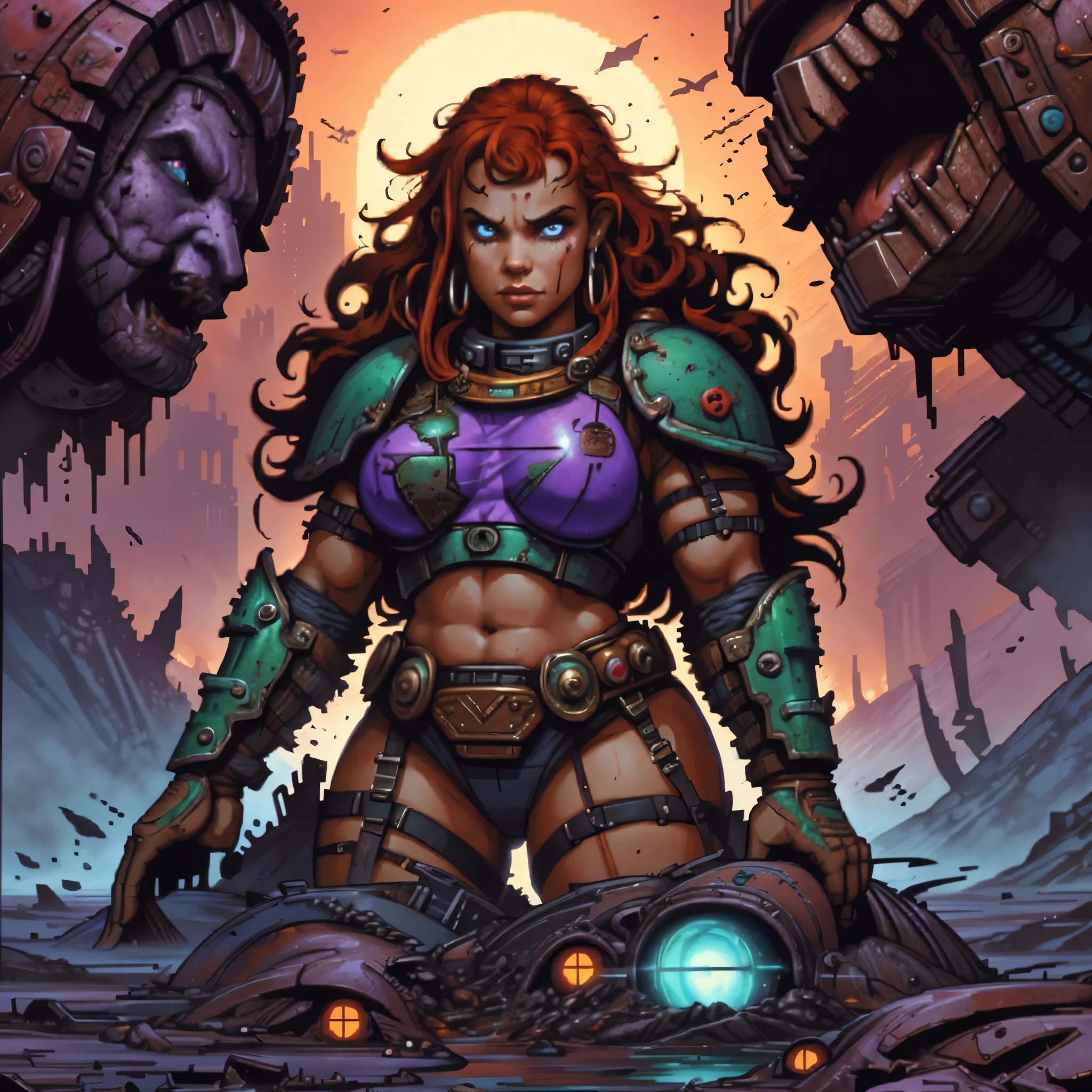 One barbarian girl, red head girl, space-warrior girl, cyborg girl, beautiful bbw girl, chubby girl, woman-warrior, whole body, nude body, Perfect skin, space background, blood rain, dark fantasy, Linsner style, Science fiction, 80s, 16-bit game, VHS era, planet in space background, purple lightning, psychedelic color background, smog, fog, swamp, girl in swamp, mad max style, vhs tape cover, goblinko style
