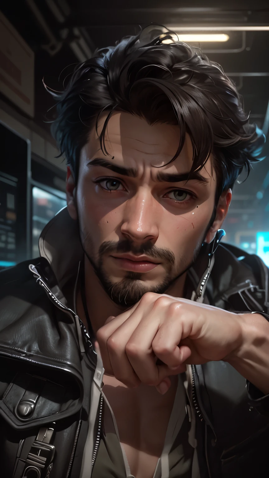 Anime male protagonist. Mysterious and enigmatic, . Unique and original, . Unconventional and non-conformist, . Ambitious and visionary, . Sophisticated and refined;, . Impressive and imposing, . Calm and composed, . Serious and reserved, . Silent and reserved) hyper detail, high resolution, super detail, best quality, amazing, top quality, extremely detailed CG Unity 8k wallpaper, cinematic lighting, cyberpunk, dark boy, futuristic city