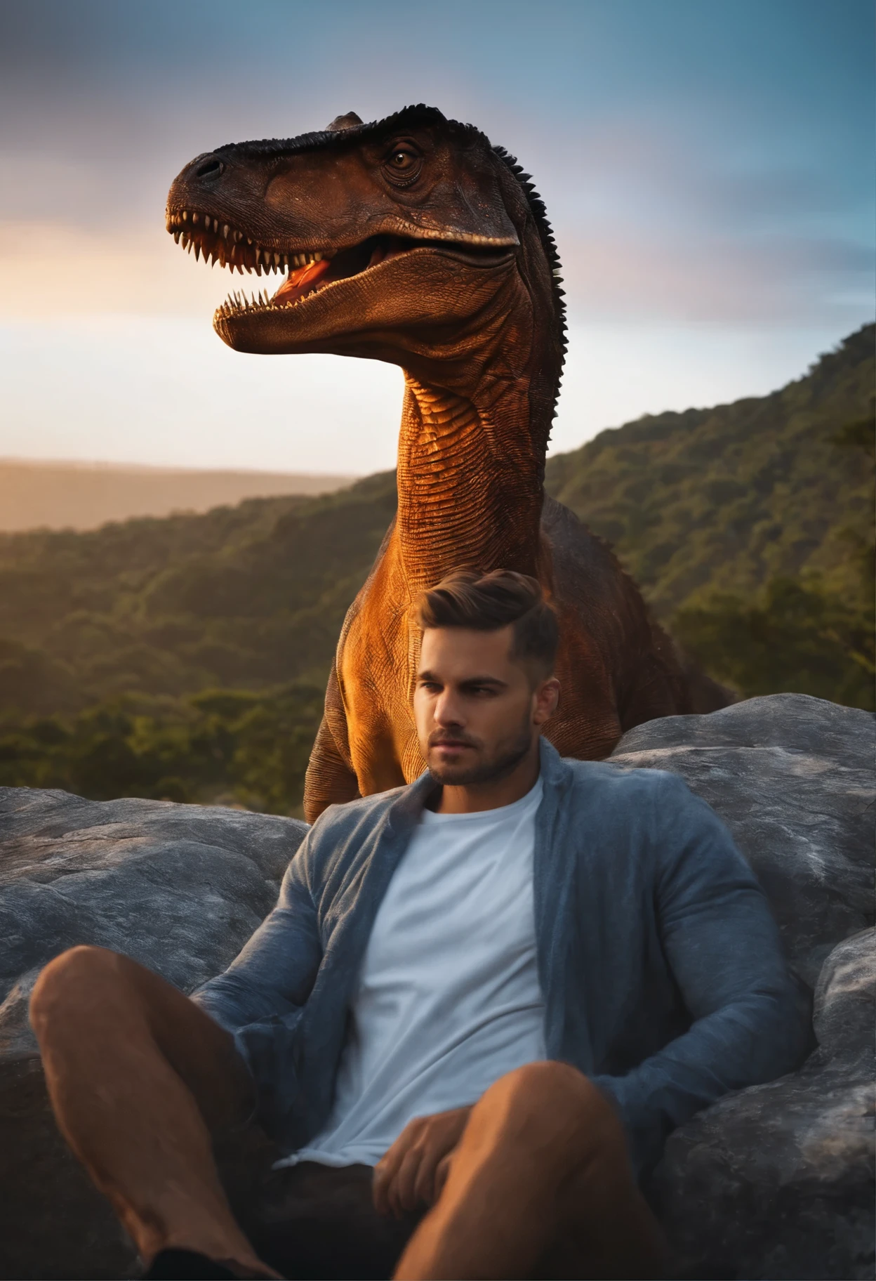 Menino cabelo cacheados, com dinossauro.