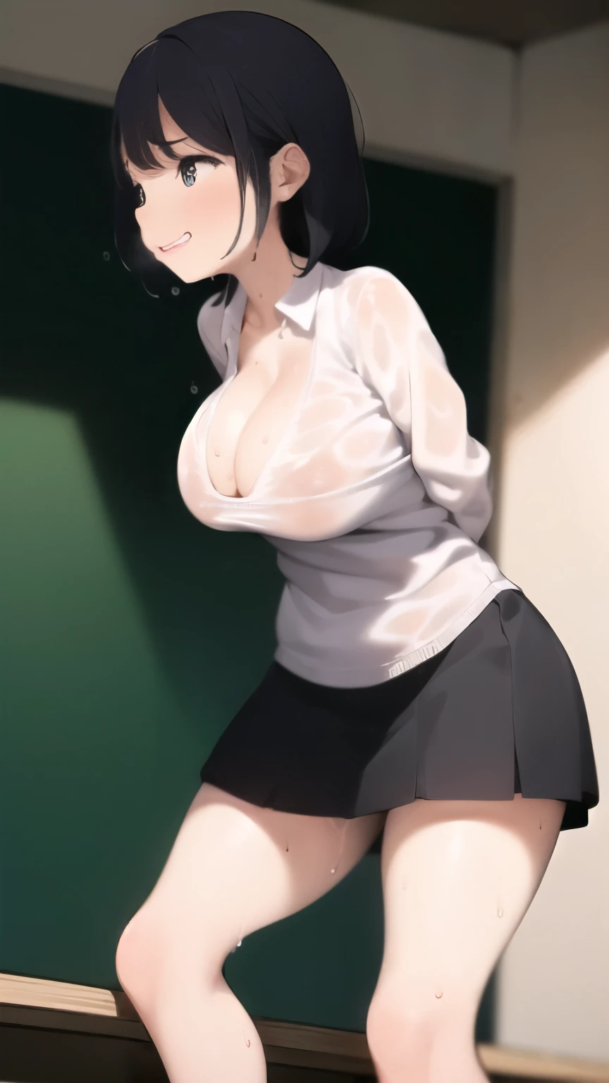 female,big breasts,nipple,((cleavage)), (from below:1.2), bend over, grinning, blush, best quality, masterpiece, perfect lighting, Put your arms behind your back,(((Sweat))),((Soaked)),(Stride),((Lots of liquids)),Clothing transparency,((miniskirt)),(vaguely visible),(black underwear),(masterpiece), (best quality), (Super detailed), (Best Illustration), (best shadow), (Ridiculous), 打破female孩, Sweat,body fluid, Medium chest, National Science Foundation, Shy,Embarrasing, looking at the audience, faint smile, ((wet clothing)),