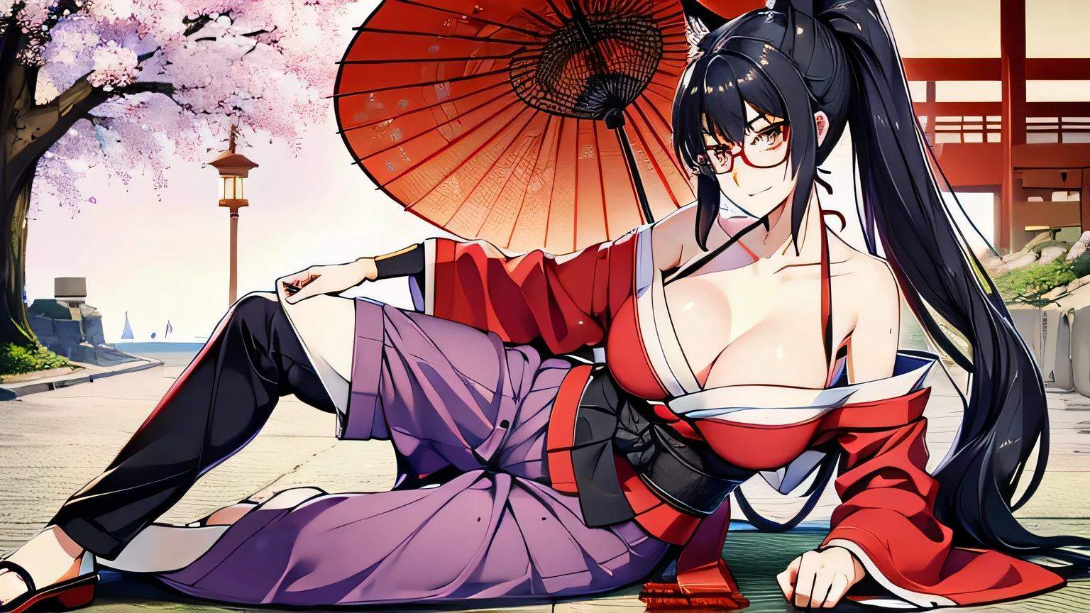 1 girl、alone , greenish black hair、ponytail、big cleavage、fox ears、red eyes、wear glasses、Dark purple kimono、red webbed、light purple long hakama、Cherry blossom pattern haori、Headphones around the neck、Cherry blossom pattern Japanese umbrella、sexy、charm、Wet、face turns red、far shot , full body 、within the territory
