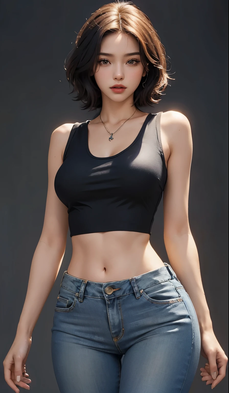 Super sexy Maria dressed (Low-cut and tight (Flare Jeans)),((full bodyesbian)),((Long legs)), ((White crop top top:1.5) Vest with exposed neckline), Short hair,, photorealestic, photography of, (A high resolution), (realisticlying:1.4), (very intricate), (exquisitedetails), highly detailed, A high resolution, Original, Extremely detailed 8K wallpaper, best qualtiy, Detailed face, ultra - detailed, RAW photogr, realisticlying, (thigh gap:1.5),(big assa),