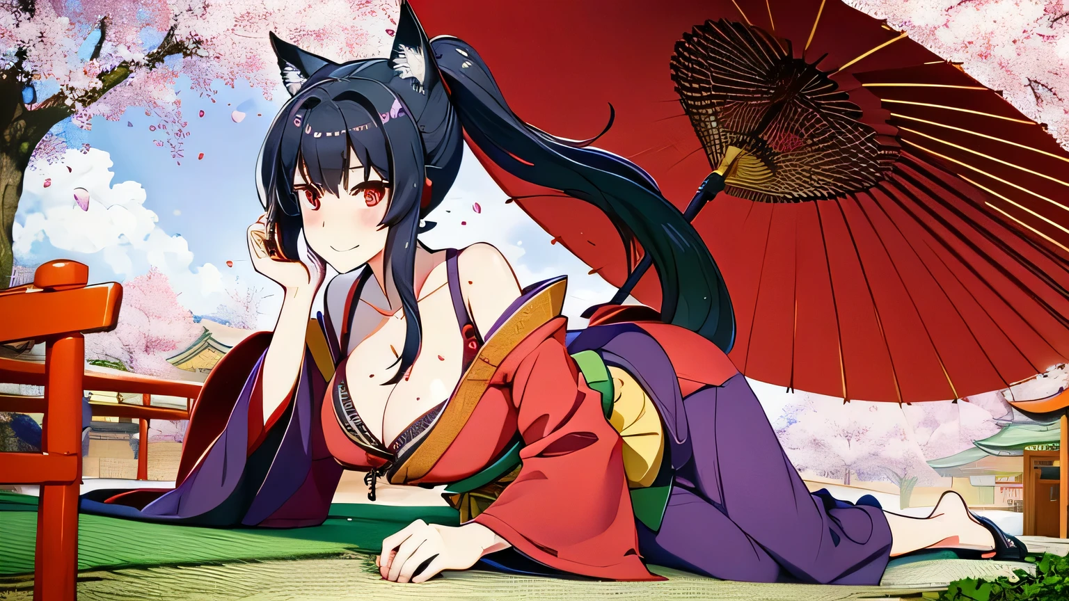 1 girl、alone , greenish black hair、ponytail、big cleavage、fox ears、red eyes、wear glasses、Dark purple kimono、red webbed、light purple long hakama、Cherry blossom pattern haori、Headphones around the neck、Cherry blossom pattern Japanese umbrella、sexy、charm、Wet、face turns red、far shot , full body 、within the territory