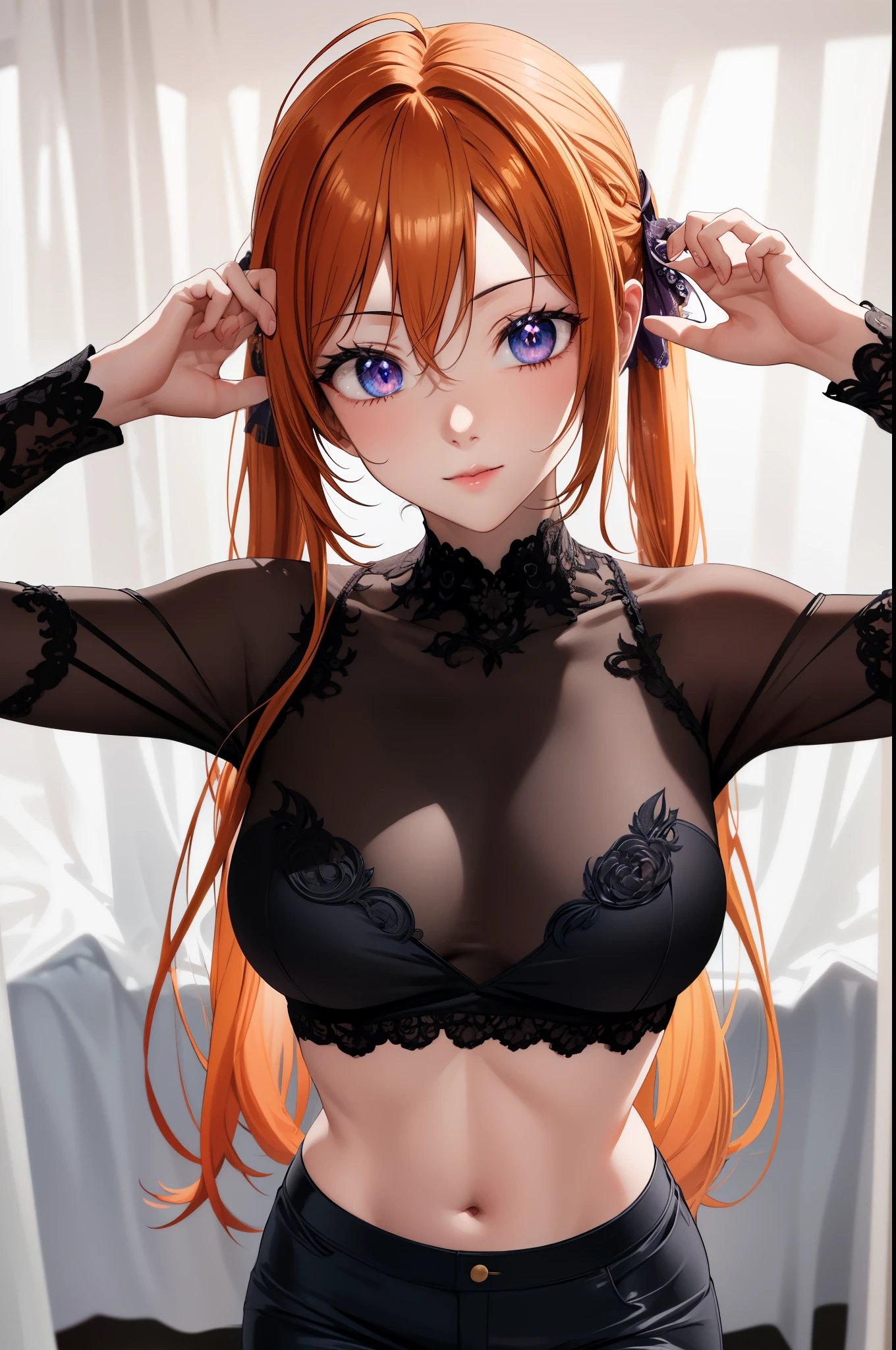 score_8_up, score_7_up, source_anime,medium breasts, purple eyes, shidou irina, orange hair, long hair, twintails, detailed anime eyes ,
BREAK (masterpiece:1.2), best quality, high resolution, unity 8k wallpaper, (illustration:0.8), (beautiful detailed eyes:1.6), extremely detailed face, perfect lighting, extremely detailed CG, (perfect hands, perfect anatomy),perfect face,