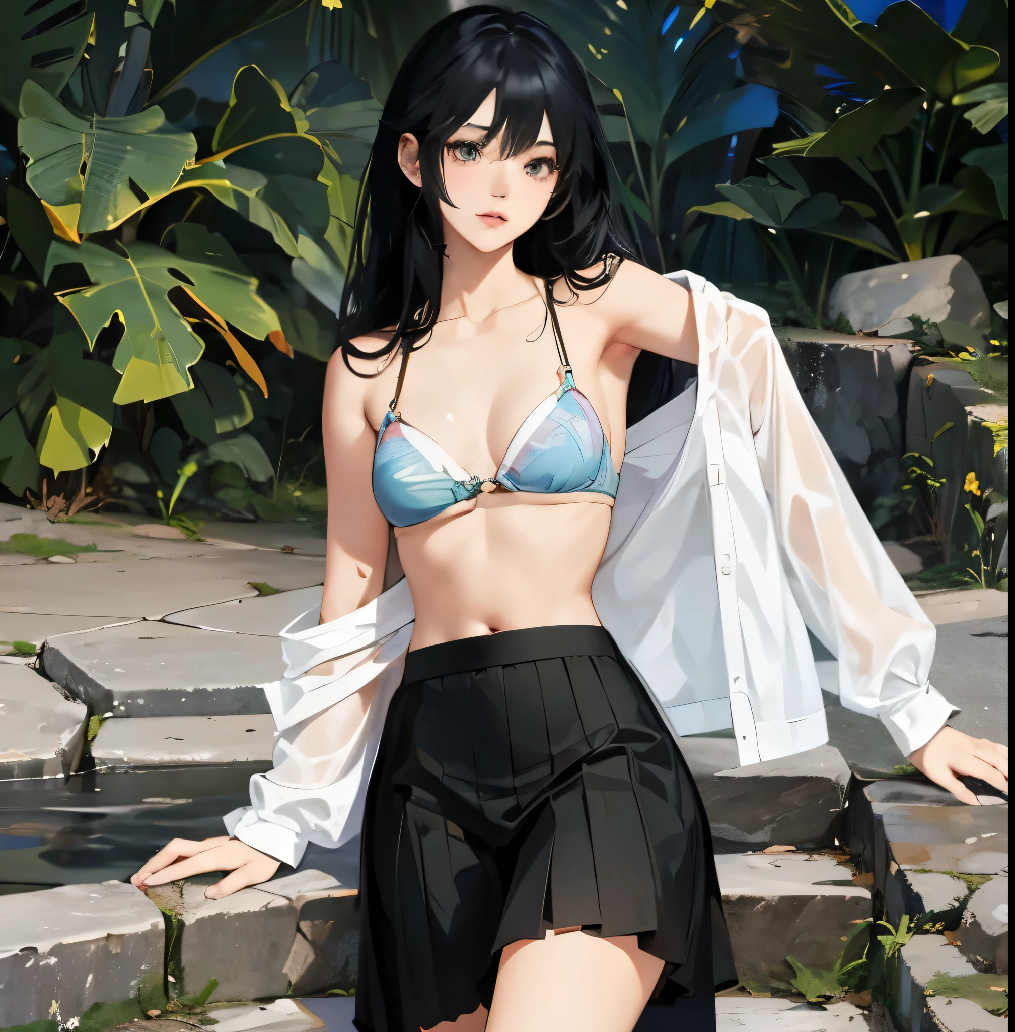 anime girl in bikini posing on stone steps, obras de arte no estilo de guweiz, Guweiz, garota anime sedutora, por Yang J, made with anime painter studio, garota de anime atraente, detalhes finos. linha de frente das s, linda mulher de anime sedutora, realistic bikini, from linha de frente das meninands in CGSTATION, painted in anime painter studio, linha de frente das meninas styl