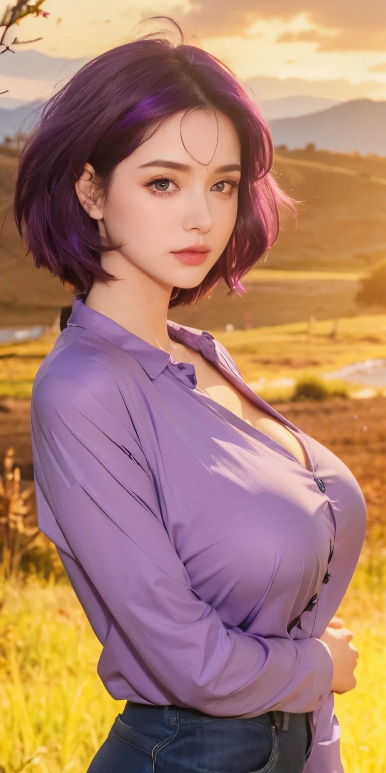 1gitl,huge breast, purple hair, purple eyes, clothes