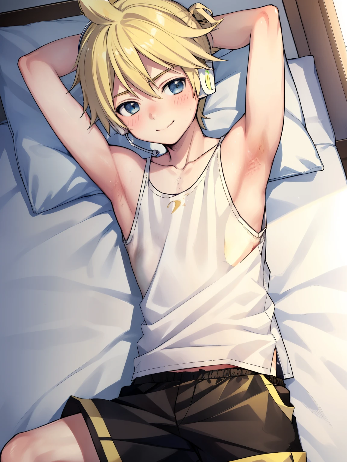 best quality, ultra precision, (one boy), Young boy, Shota, Kagamine len, Blonde hair, Cowlick, bedroom, character focus, black short pants, Tank top, innocent, slender, blush, cute, cool, smile a little, happy, Headphones, handsome, high school student, male model, attractive boy, (Showing armpit:1.3), on bed