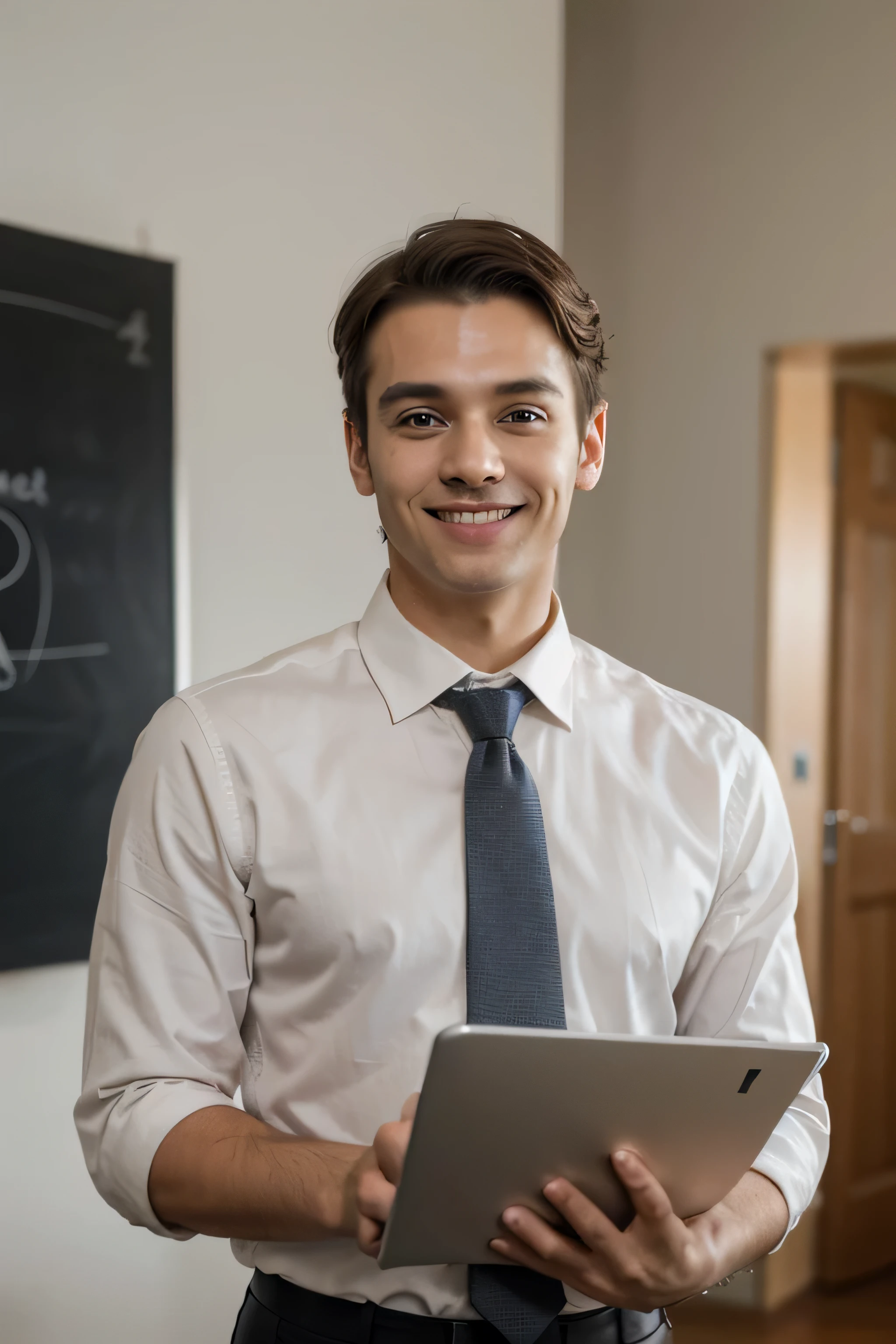 ((best quality)), ((masterpiece)), (detailed), perfect face a businessman man, holding a LAPTOP in one hand, looking forward SMILLING and pointing. NEUTRAL BACKGROUND