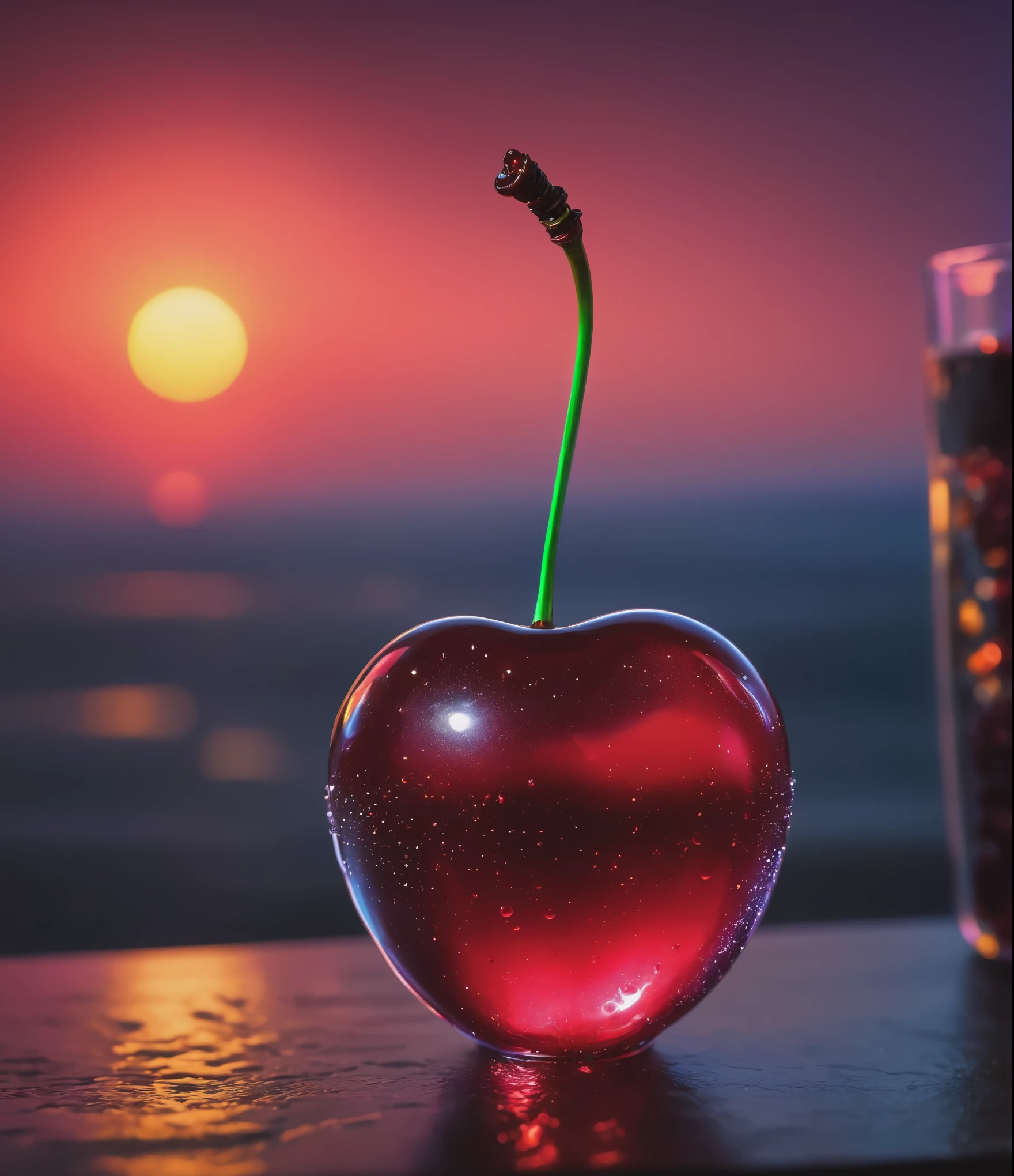 a red cherry made of glass on a table,sunset, 8k, Food photography style,glass cherry, bioluminescent,colorfull, glow, fluid, glowing, Appetizing, professional, culinary, high-resolution, commercial, highly detailed,neon hue, full of color,