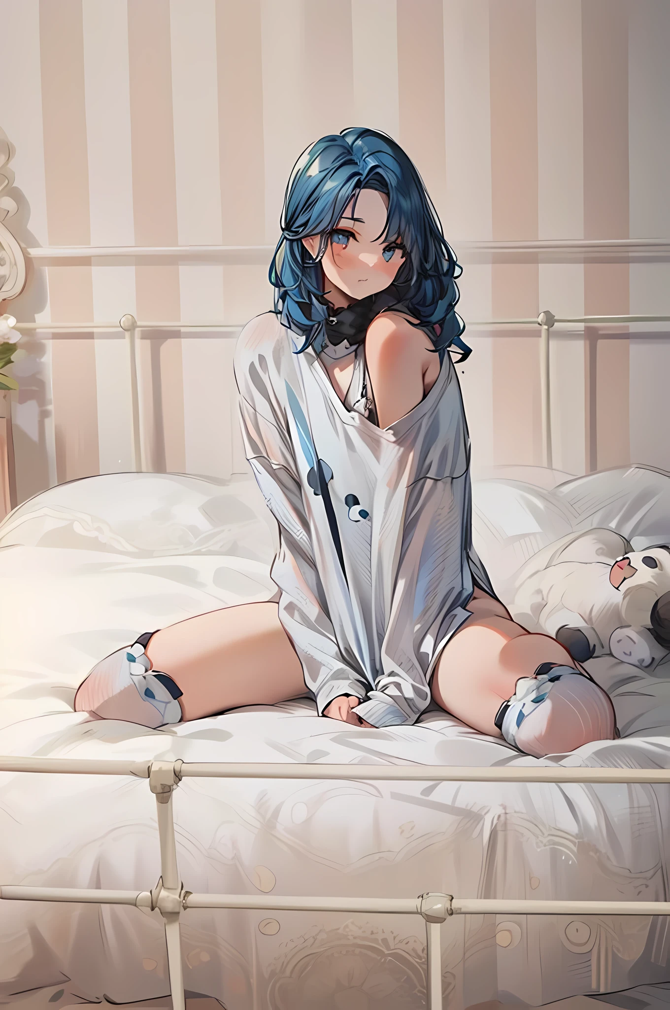 araffe sitting on a bed with a panda bear socks,sitting on the bed, beautiful blue haired girl, spread legs, sitting, hands between legs, long top, shoulder sticking out of her top