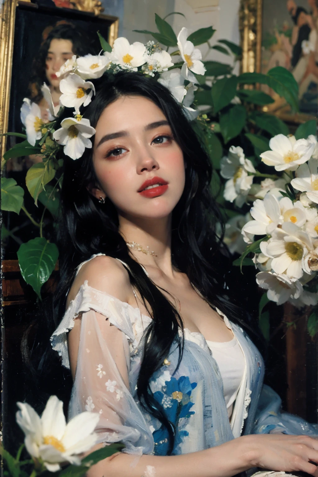 (oil painting:1.5),amber heard,
\\
a woman with long black hair and white flowers in her hair is laying down in a field of white flowers, (amy sol:0.248), (stanley artgerm lau:0.106), (a detailed painting:0.353), (gothic art:0.106)