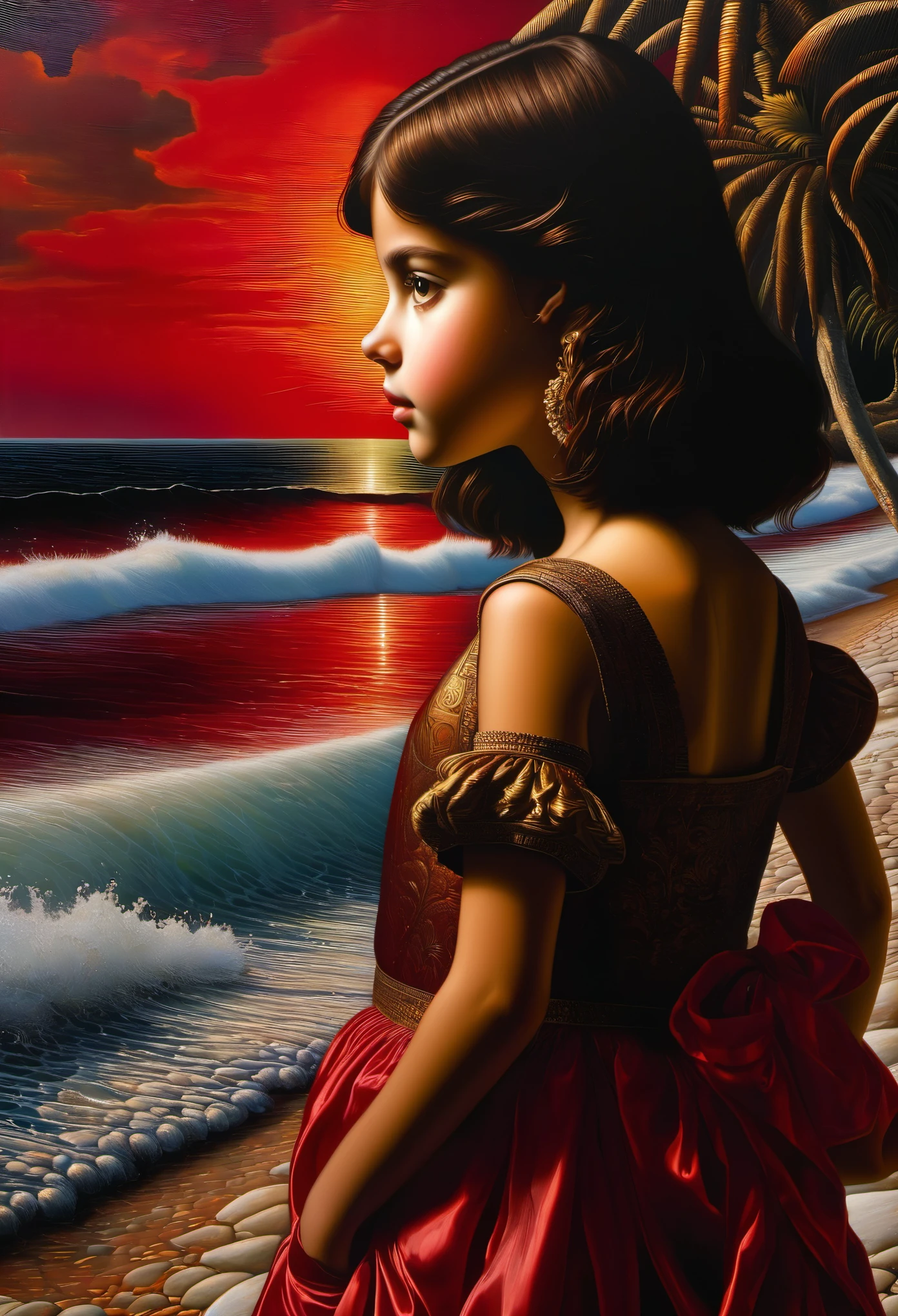 (young girl, isabelmoner-smf, dora, from the back: 1.5,
(detailed wild beach with palm trees,red sunset on the sea) ((in the style of Agnolo Bronzino:1.5)), Renaissance, ((dark oil palette knife)), Intricate, extreme detail, Complex key, ((Single Shot)), ((Best Quality)), ((Masterpiece)), ((Realistic)), 8K