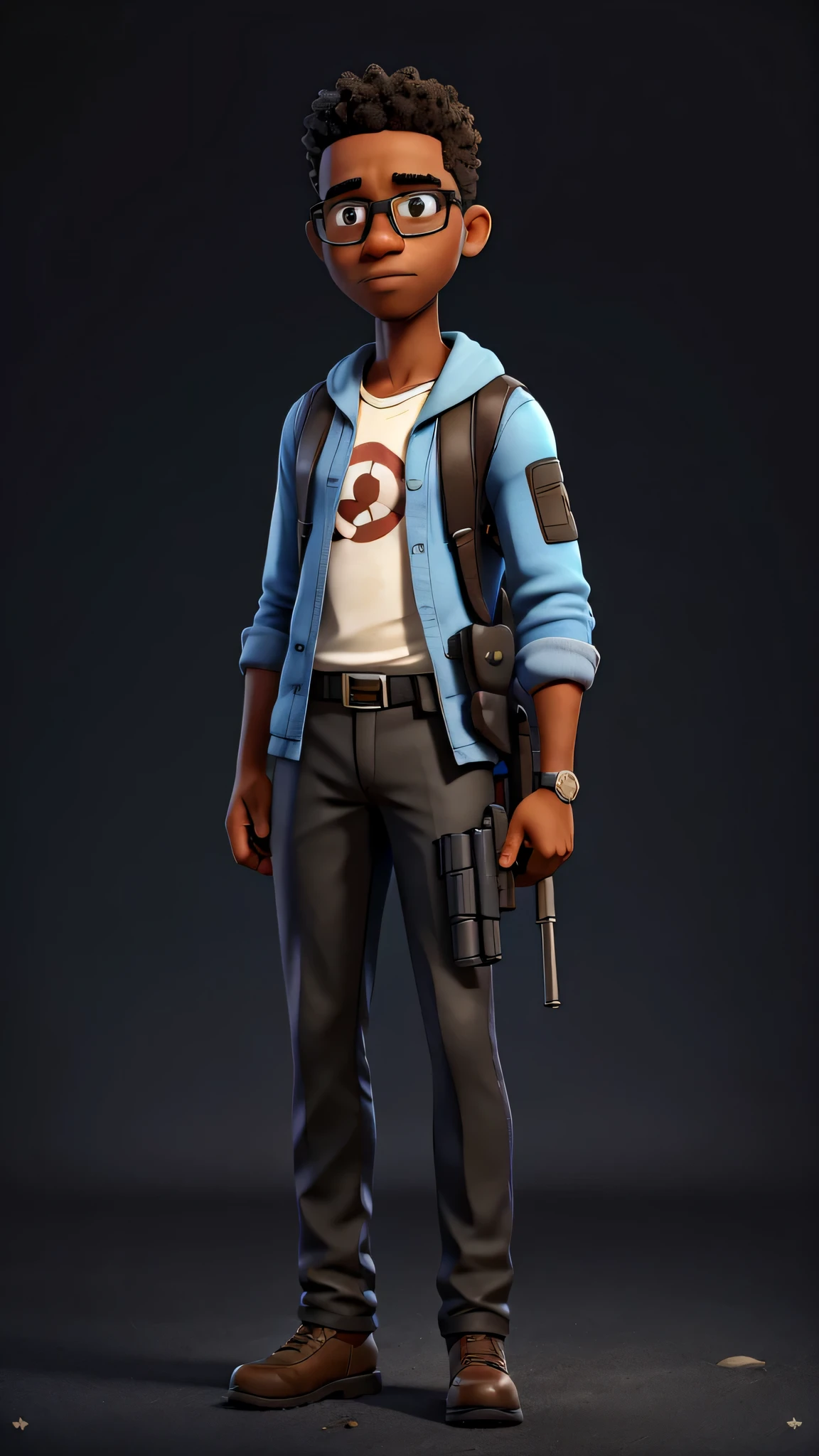 A black man with glasses, going to war with gun in hand, devastating and realistic scenario, fundo limpo e claro, he is standing with the gun in his hand, imagem ultra 4k super realista