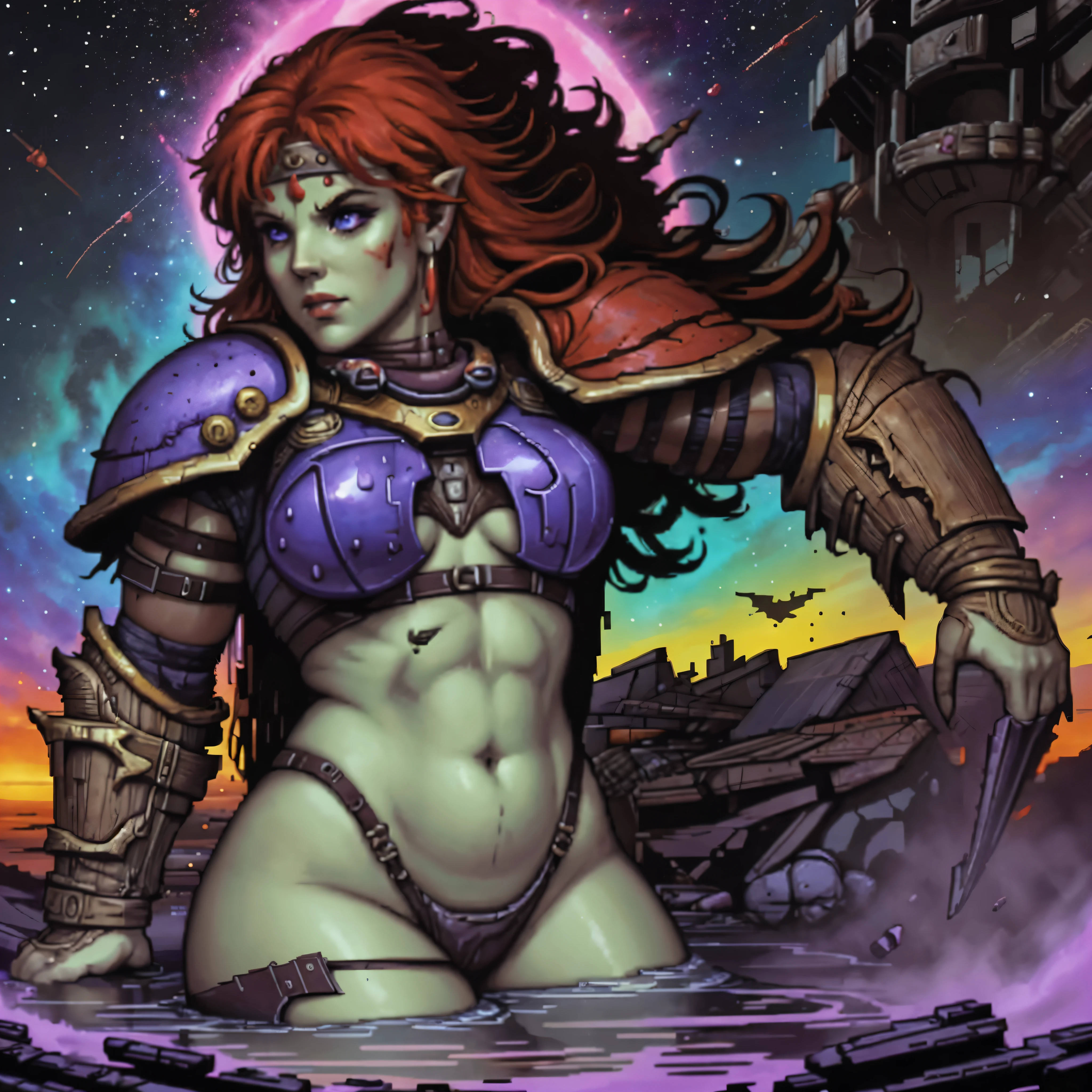 One barbarian girl, Red-haired girl, space warrior girl, cyborg girl, beautiful bbw girl, chubby girls, female warrior, whole body, nude body, perfect skin, space background, bloody rain, dark fantasy, Linsner style, Science fiction, 80s, 16-bit game, VHS era, planet in space background, purple lightning, psychedelic color background, smog, Fog, swamp, girl in swamp, Mad Max's style, VHS cassette cover, goblinko style