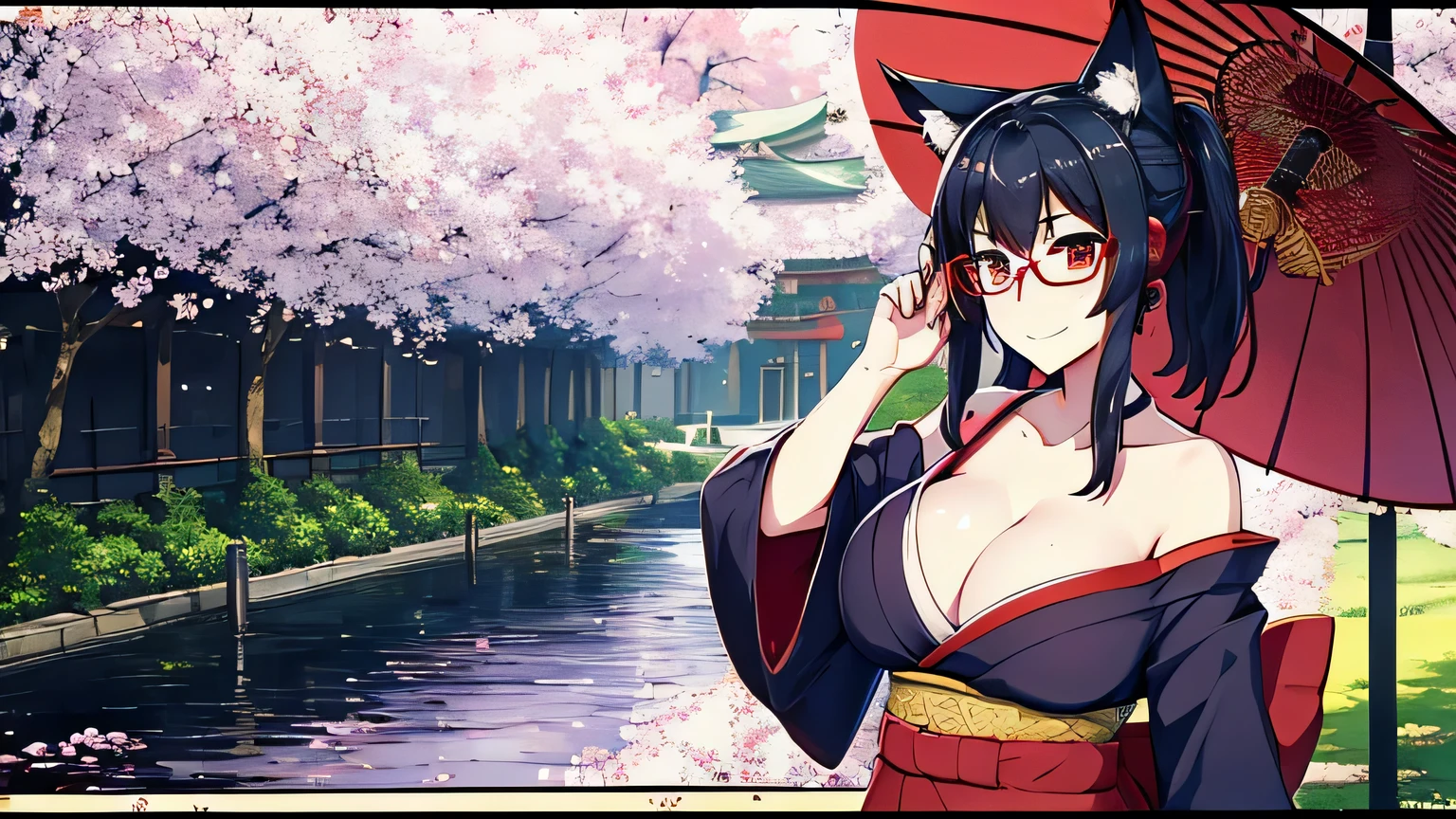 1 girl、alone , greenish black hair、ponytail、big cleavage、fox ears、red eyes、wear glasses、Dark purple kimono、red webbed、light purple long hakama、Cherry blossom pattern haori、Headphones around the neck、Cherry blossom pattern Japanese umbrella、sexy、charm、Wet、face turns red、far shot , full body 、within the territory