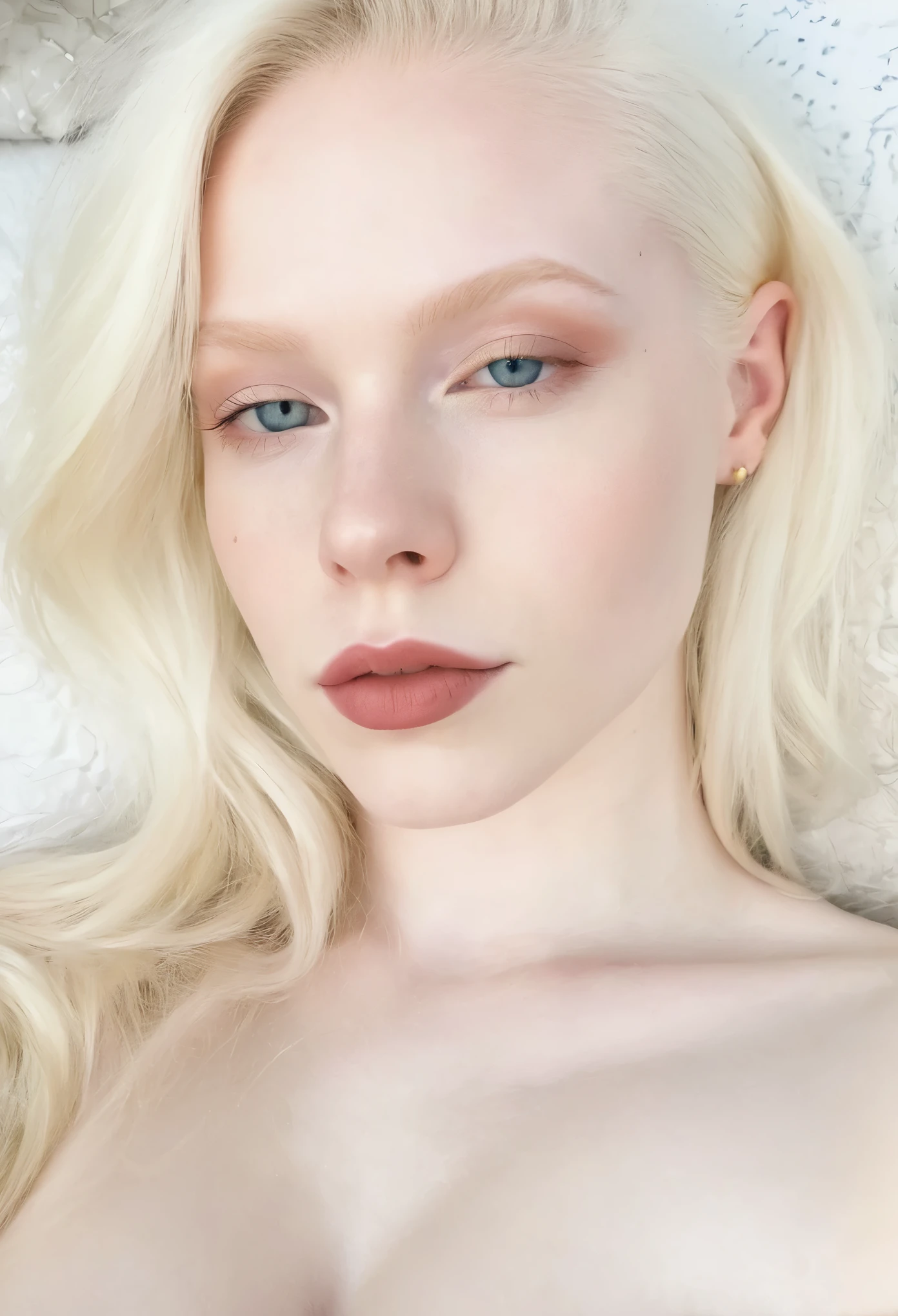 foto do instagram, Close-up headshot of the most beautiful albino woman you know, Novo, Fission, very pale skin, (sorrir:0.4), Sombras duras, melhor qualidade, work-πrhyme, ultra high resolution, (fotorealistisch:1.4), Foto RAW, 1Meninas, ((Novo)), ((peito grande)), luz fria, big booty, NSFW, posando na cama, gabar, mostrando as pernas, programa,
