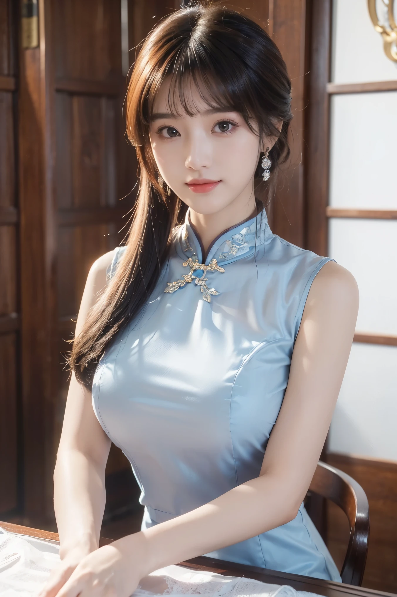 ((masterpiece、best quality))、shape、super detailed、8k、actual、sharp focus、Very detailed、professional lighting、spotlight、Colorful details、Detailed texture,A stunningly beautiful girl,Wearing a transparent cheongsam,(most suitable hairstyle:1.4)、(in the most helpful way:1.3)、(Half-length photo:1.4)、big breasts、perfect style、Body、18 years old、Smile、