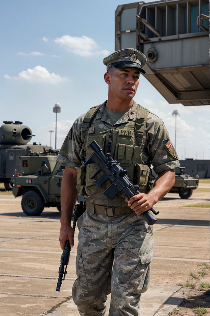 A realistic American military man stands against the backdrop of a military base in a cap and there are military men in the background walking in formation with machine guns 
