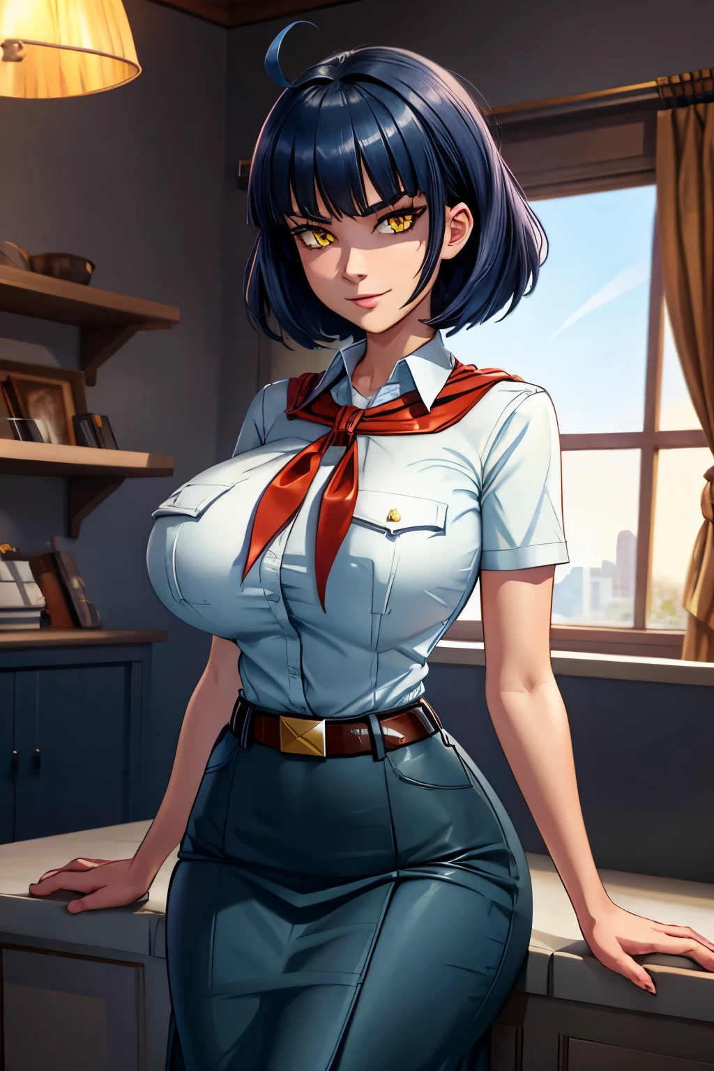 dark blue hair, short disheveled hair, huge ahoge, raised eyebrows, sparkling eyes, yellow eyes, evil smile, atmospheric perspective, anime style, cinematic lighting, glowing light, Wide-Angle, 8k, best quality, masterpiece, high details, high quality, slim and fit young girl, perfect huge bursting breast, slim waist, pioneer neckerchief, blue skirt, bangs, white thight shirt, short sleeves, collared shirt, belt, eyelashes, red neckerchief, breast pocket, milfication