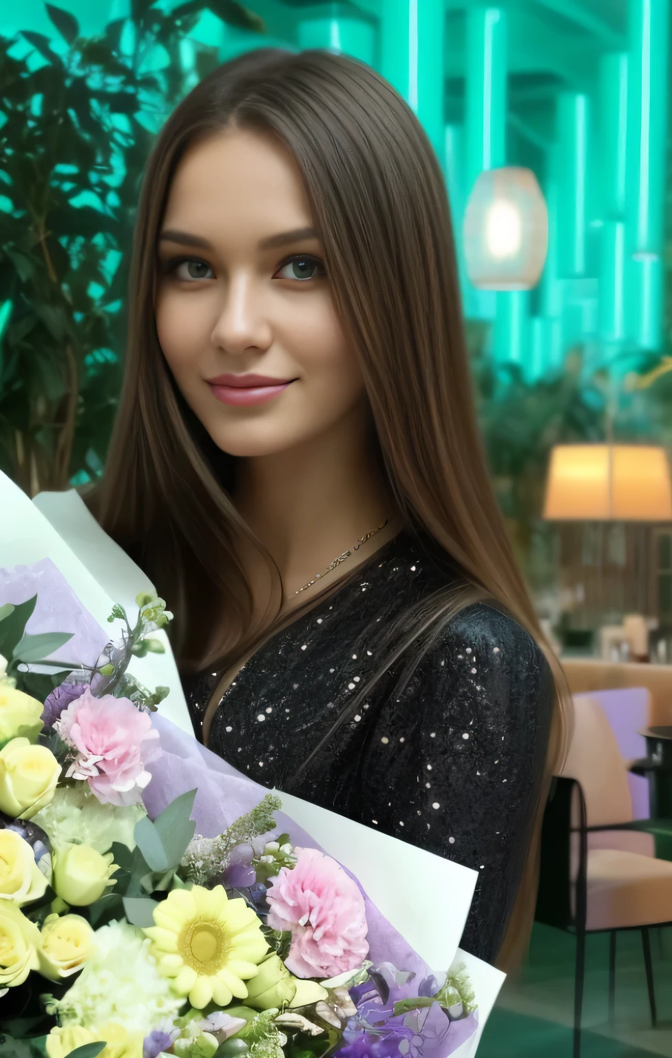 there is a woman holding a bouquet of flowers in a restaurant, with flowers, anastasia ovchinnikova, alina ivanchenko, anna nikonova aka newmilky, ekaterina, beautiful image, yelena belova, moleksandra shchaslyva, anna podedworna, with flowers and plants, bouquet, anna nikonova, dasha taran, straight long hair