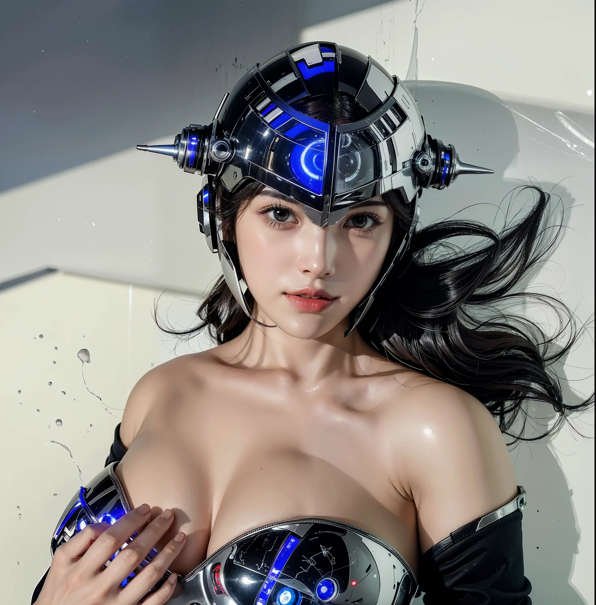 futuristic high tech style，best quality,fairy skin,(every time :1.2),Everlasting,super detailed,actual,high quality,Light,Light线追踪,ultra high definition,upper part of body, Future Iron Man mecha，shooting，Battery，Launching equipment，large caliber artillery，Rostland 8K，Mecha Cyber Armor Girl,Wearing a cyberpunk technology helmet，Star Warframe Helmet，With breathing Light，The armor of the future shines，armed cannon，high-tech armor，steel helmet，neat fingers，Put five fingers on your breasts