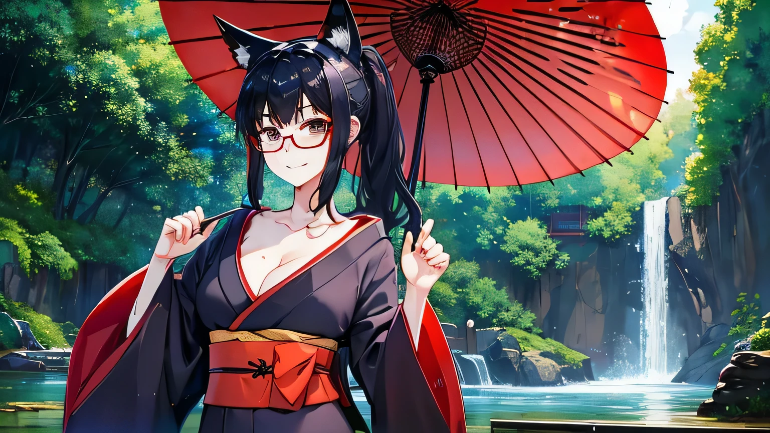 1 girl、alone , greenish black hair、ponytail、big cleavage、fox ears、red eyes、wear glasses、Dark purple kimono、red webbed、light purple long hakama、Haori、Headphones around the neck、Japanese umbrella、sexy、charm、Wet、face turns red、far shot , full body 、within the territory