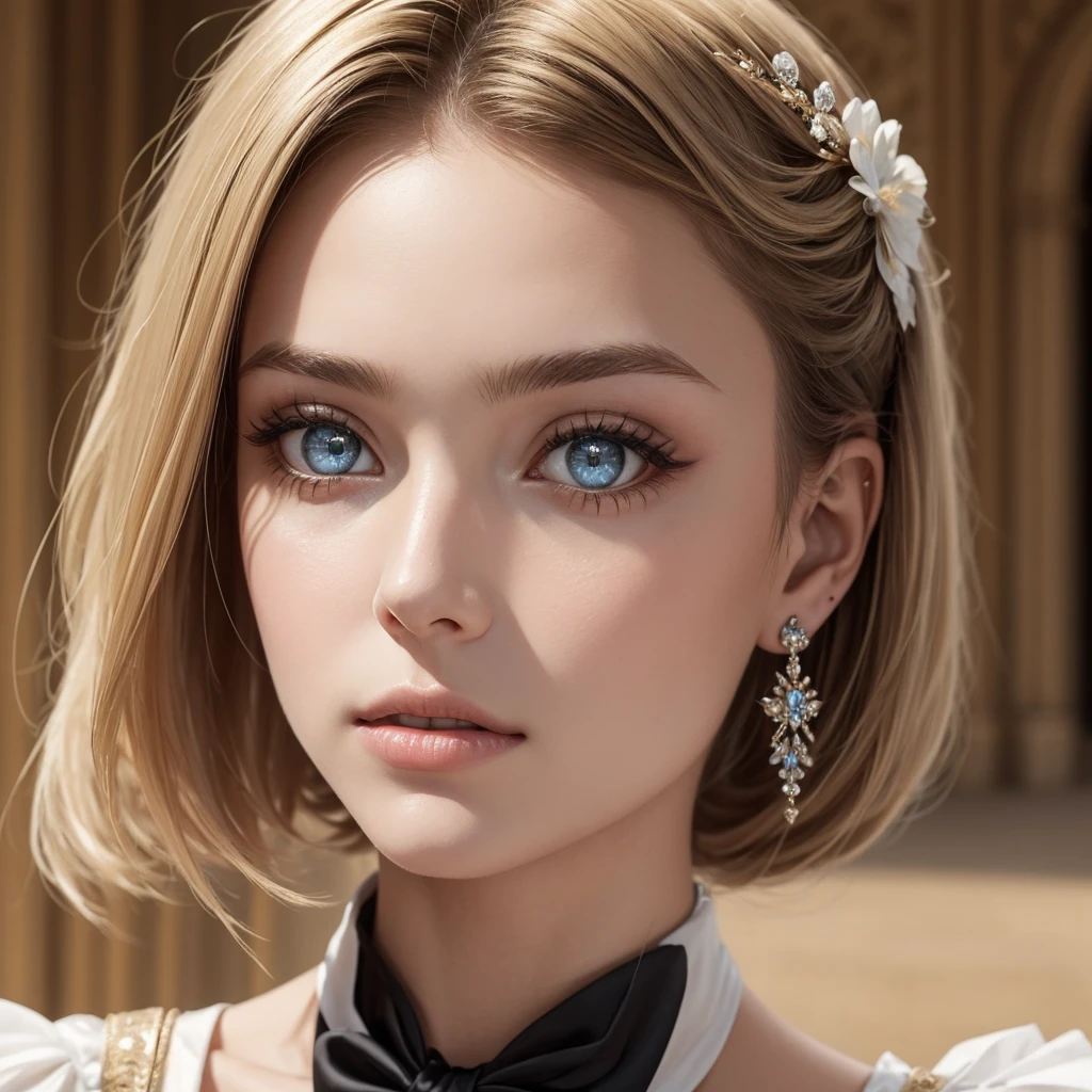 une fille super belle, Princesse royale, neat and elegant, fearless and dignified, jolie et mignonne, Intelligent et intelligent, attentionné et doux, beautiful and delicate, hyper detailed face, yeux ambrés forts et frappants, sparkling eyes, Ultra detailed eyes, Visage maigre, pale and shiny skin, cheveux blonds lisses et soyeux, simple but high quality accessories