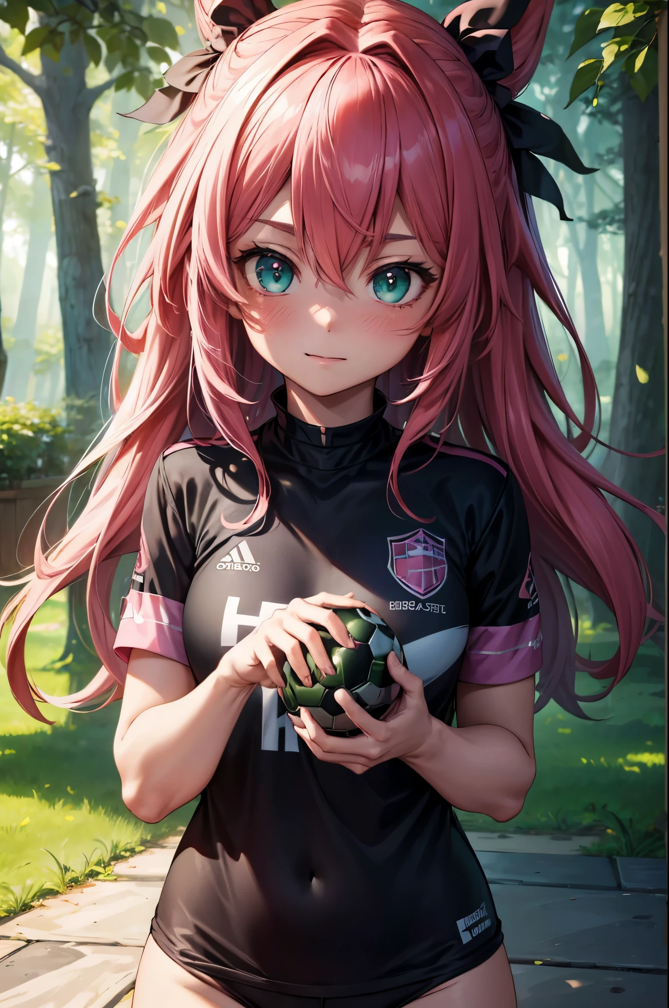 (best quality,4k,8k,highres,masterpiece:1.2), ultra-detailed, 1girl, Astolfo fate, soccer uniform, green eyes, inside the forest