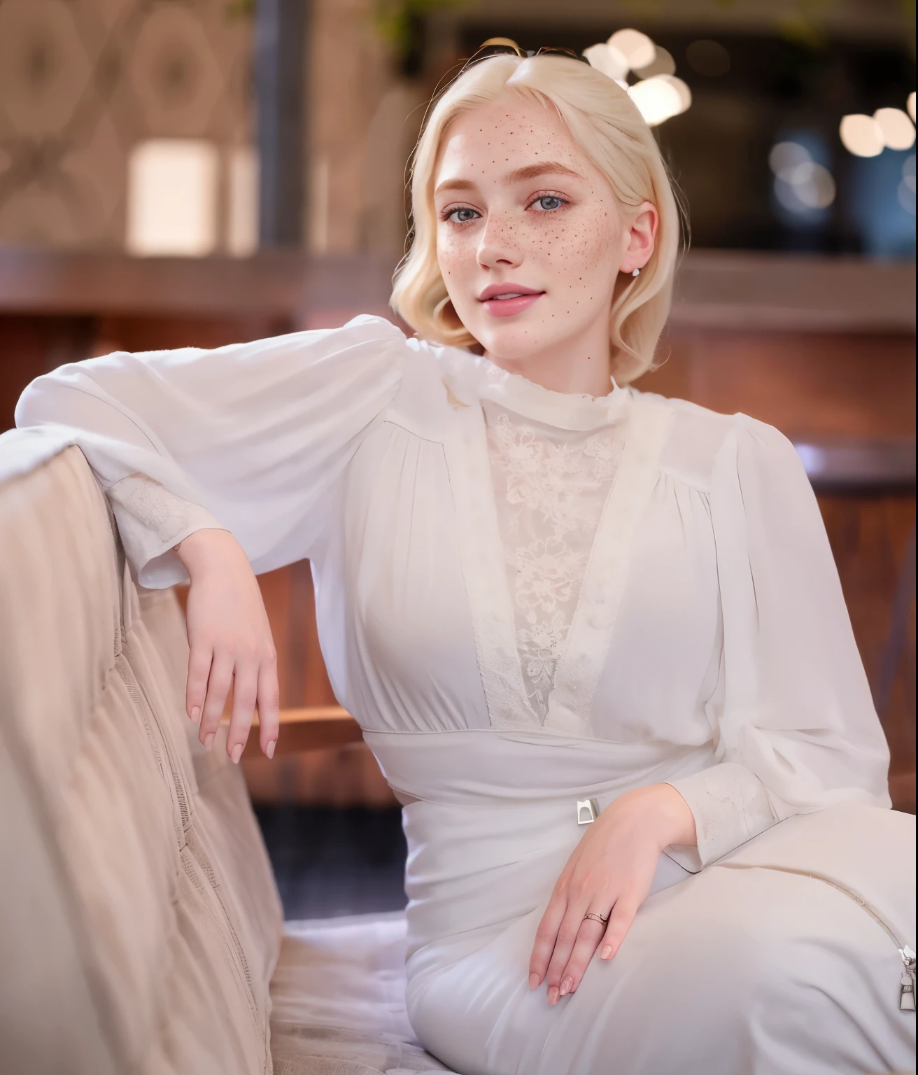 mulher, americana, 25 anos, pale skin and freckles, olhos cinzas, nariz delicado, soft and delicate lips, longo, cabelo blondie longo e ondulado na altura da cintura, sorriso meigo, face with delicate feminine facial features, altamente renderizado