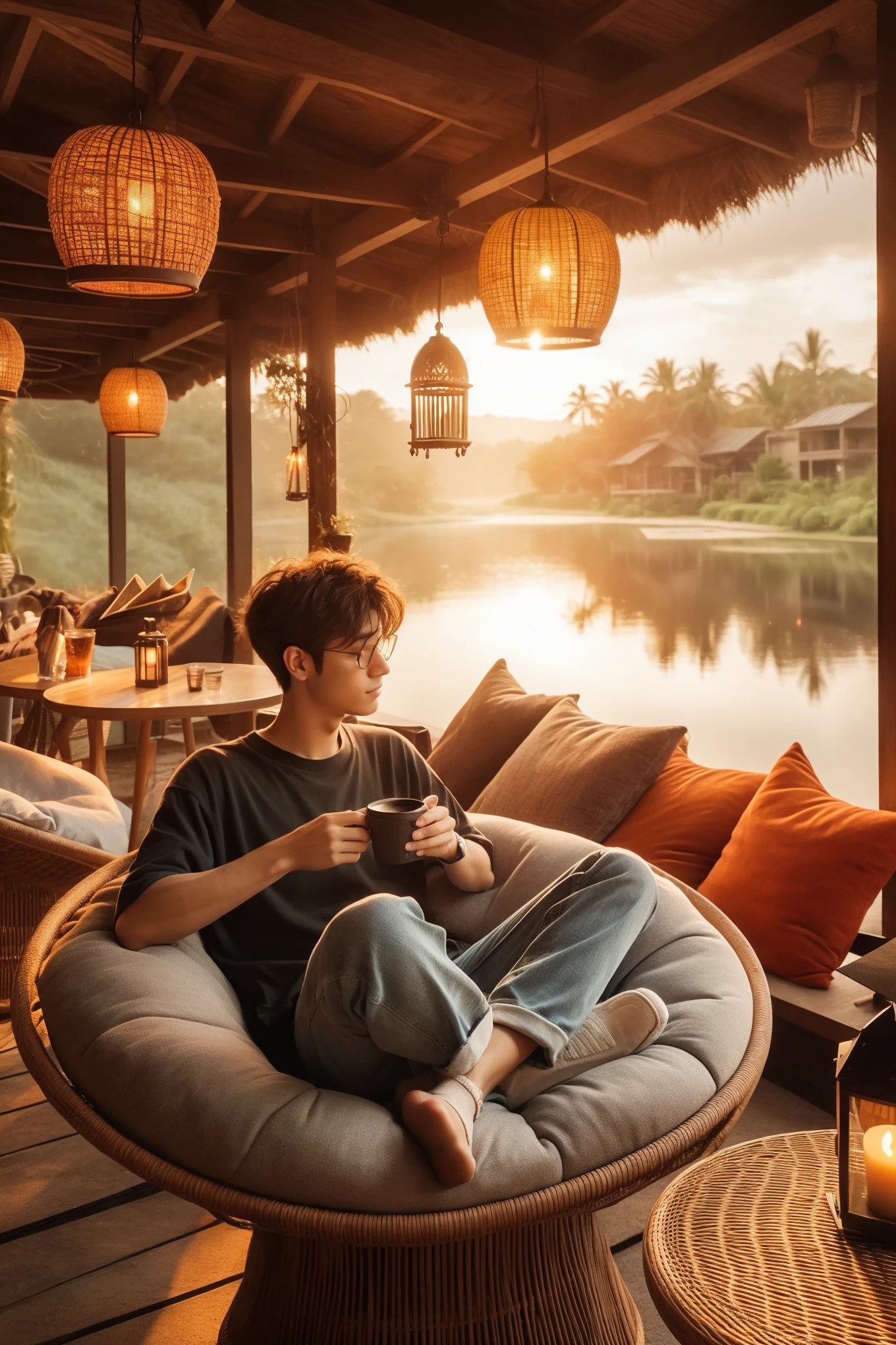 arafed man sitting on a chair with a remote control in his hand, relaxing atmosphere, chill time. good view, cozy and peaceful atmosphere, comfy ambience, afternoon hangout, peaceful ambience, relaxing after a hard day, lounge background, relaxing environment, cinematic morning light, relaxing mood, cozy setting, sitting in a cafe alone, morning time, cozy cafe background