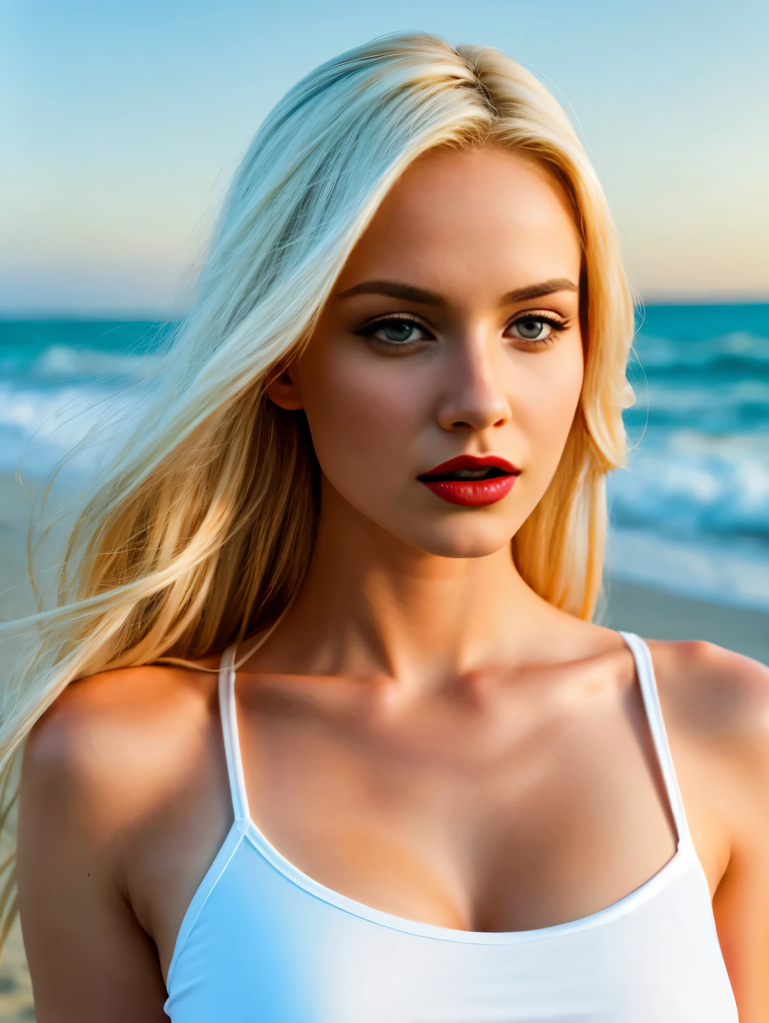 Ultra realistic cinematic soft light and ultra detailed red hour portrait,1 fit girl in, age19, Solo, Long blonde hair, Colossal , Looking at Viewer, blonde hair, Bare shoulders, Brown eyes, Full body, off shoulders, red football t-shirt, Realistic, A sexy, 4K, max quality, ((small fit breasts)), tight fit , super sharp image, 8K, beautiful pose, playboy model, photo session, red lips, headshot, masterpiece, sex bomb, white American, detailed body, Egyptian dress, chewing lips, highly detailed, seducing, seductive,face only, perfect lightening, white skin, good bright lightening, beach , 