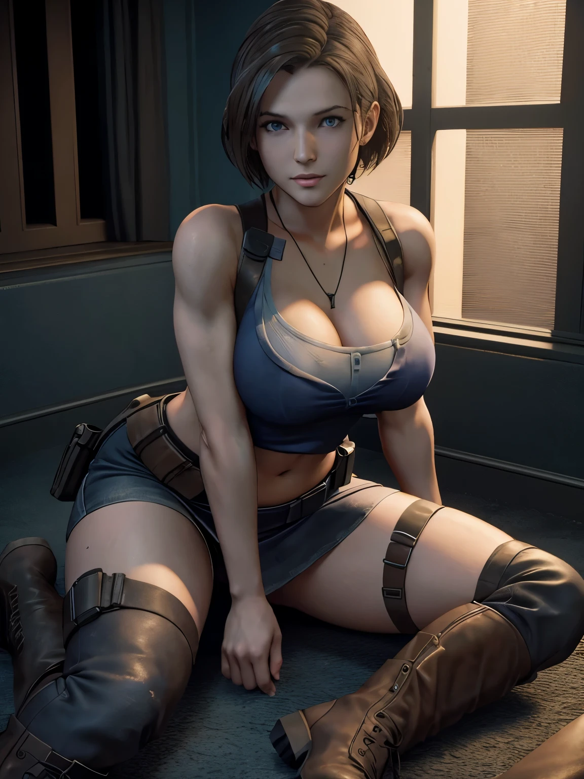 jill valentine,resident evil 3,3d,pose,areolae,blue eyes,boots,breasts,breasts outside,brown hair,busty,female,female focus,hourglass figure,medium breasts,nipples,nudity,panties,pinup,posing,ripped clothing,seductive,seductive look,seductive smile,short hair,skirt,smile,smiling,thigh holster,torn clothes,torn clothing,tubetop,upskirt,wide hips