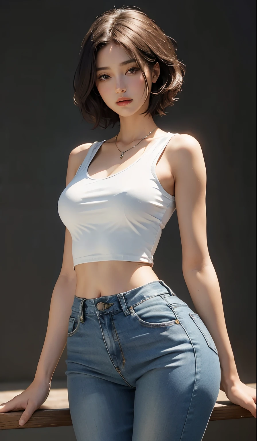 Super sexy Maria dressed (Low-cut and tight (Flare Jeans)),((full bodyesbian)),((Long legs)), ((White crop top top:1.5) Vest with exposed neckline), Short hair,, photorealestic, photography of, (A high resolution), (realisticlying:1.4), (very intricate), (exquisitedetails), highly detailed, A high resolution, Original, Extremely detailed 8K wallpaper, best qualtiy, Detailed face, ultra - detailed, RAW photogr, realisticlying, (thigh gap:1.5),(big assa),