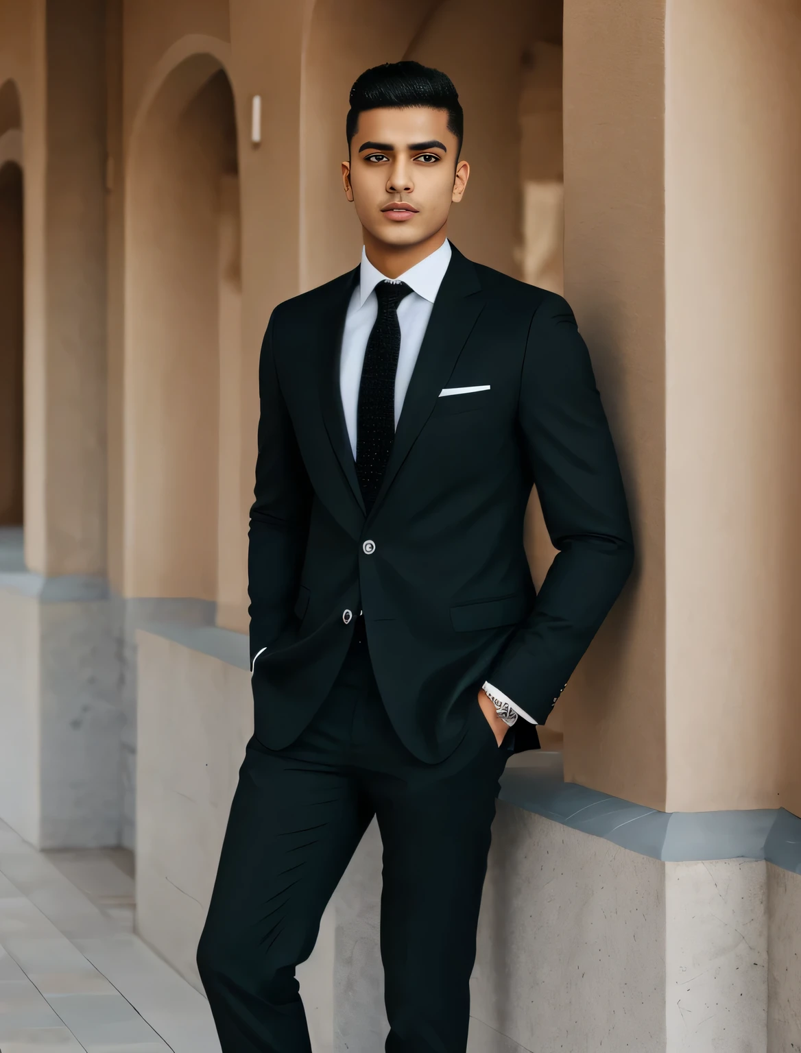 indian ,man black suit, short hair, body colour medium black, business man, 23 years old, dubai, mafia