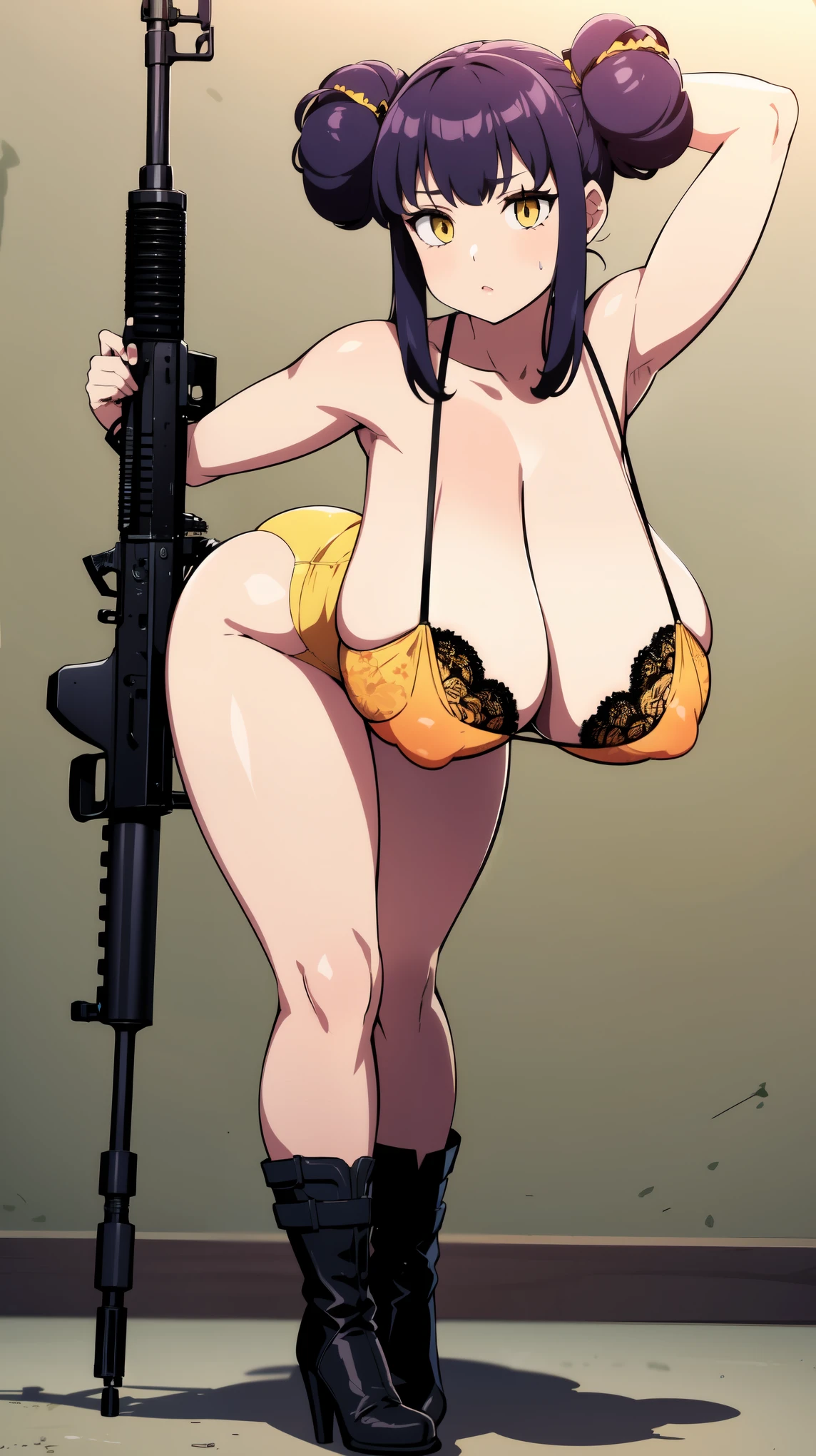 Slime girl, (slime), Slime hair Double buns hair style, Pumpkin Orange, weapon belt, Masterpiece, Best Quality, gigantic breasts, slime girl, slime girl, purple hair, lavender hair, yellow clothes, weapon belt around waistline, rifle, long rifle, AR-15 Rifle, assault rifle, exposed yellow bra, yellow clothing, wearing yellow clothing, fully body view, tight yellow dress, Rifle in hand, mature woman, gorgeous, perverted, sexy, yellow dress, exposed chest, exposed bra, exposed breast, black boots/heels, gold bracelets around wrist, holding rifle, aiming with rifle, tactical stance, tactical gear, sweaty body, long legs, tall woman, lustful yellow eyes, yellow lingerie , Slime girl, (slime), Slime hair Double buns hair style, Pumpkin Orange, weapon belt, Masterpiece, Best Quality, gigantic breasts, slime girl, slime girl, purple hair, lavender hair, yellow clothes, weapon belt around waistline, rifle, long rifle, AR-15 Rifle, assault rifle, exposed yellow bra, yellow clothing, wearing yellow clothing, fully body view, tight yellow dress, Rifle in hand, mature woman, gorgeous, perverted, sexy, yellow dress, exposed chest, exposed bra, exposed breast, black boots/heels, gold bracelets around wrist, holding rifle, aiming with rifle, tactical stance, tactical gear, sweaty body, long legs, tall woman, lustful yellow eyes, yellow lingerie, mature body, mature face, dark purple hair color, purple hair, bending down, bent over, crouching
