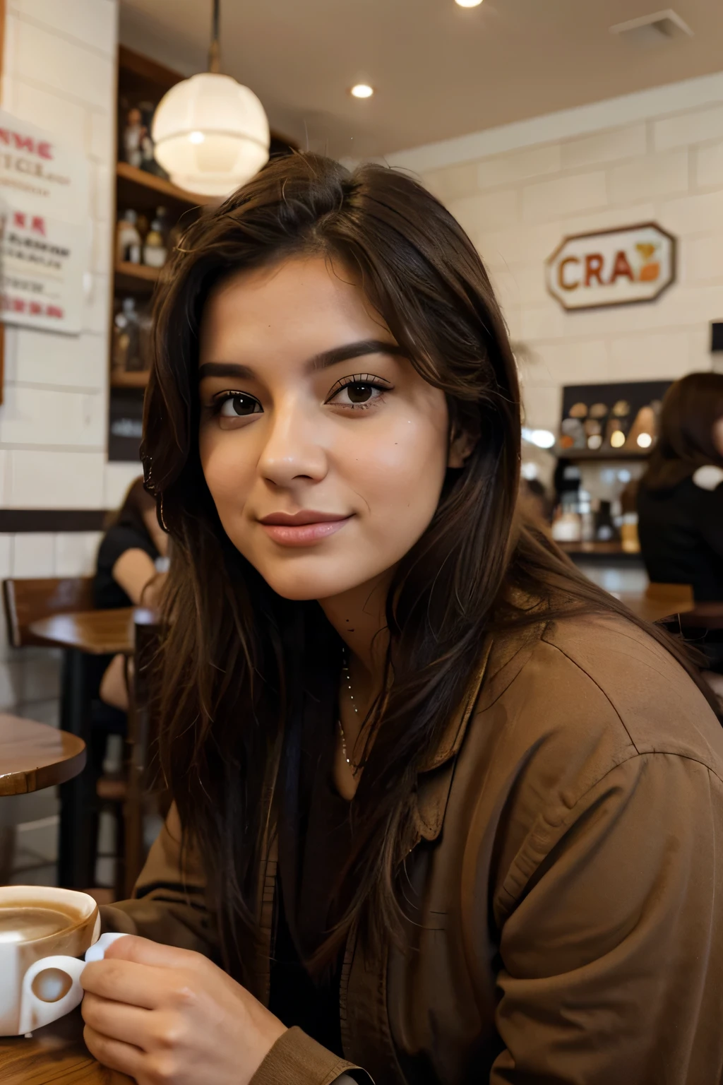 pretty brunet girl, age 34, drinking coffee at cafe