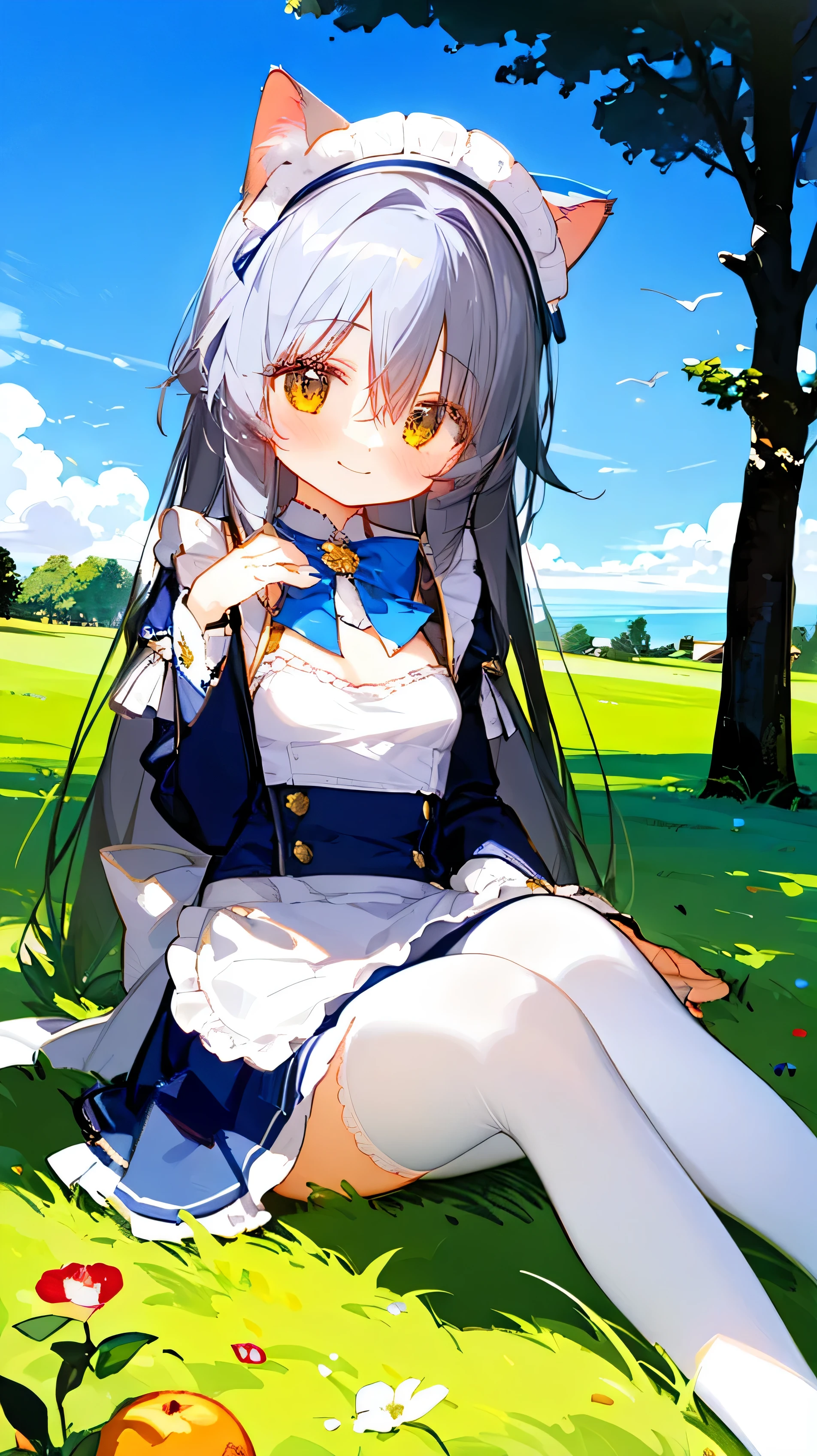 (masterpiece),(best quality),(Rich details),catwoman,Lovely,((Long orange hair )) Break cat ears , golden eyes ,ahog,Wearing a beautiful blue pleated skirt , Wearing a warm maid outfit ,posture,She has a blue bow in her hair,sunny,small breasts,Smile,long sleeve,Wearing white stockings,sitting on the grass,side facing camera