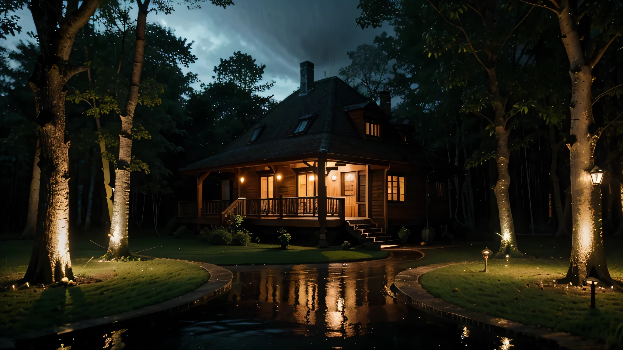 Cozy Enchanted Forest Villa at night, Rain