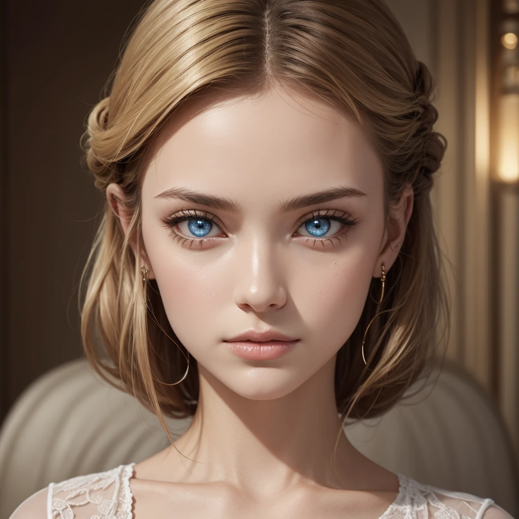 une fille super belle, Princesse royale, neat and elegant, fearless and dignified, jolie et mignonne, Intelligent et intelligent, attentionné et doux, beautiful and delicate, hyper detailed face, yeux ambrés forts et frappants, sparkling eyes, Ultra detailed eyes, Visage maigre, pale and shiny skin, cheveux blonds lisses et soyeux, simple but high quality accessories